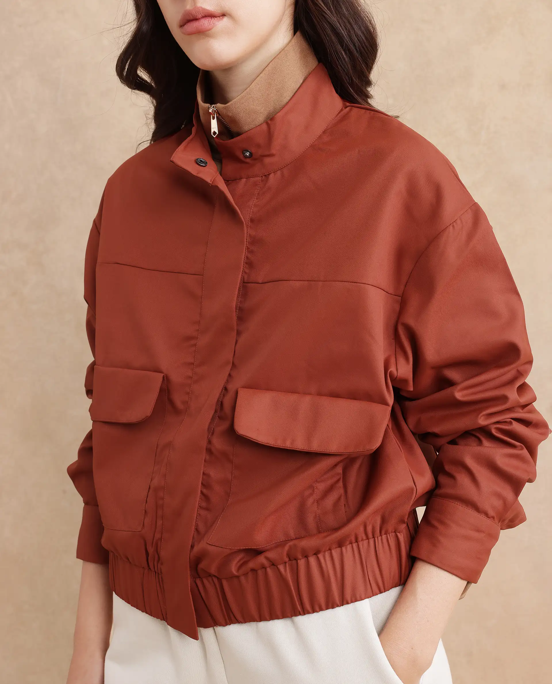 Rareism Women's Rukks Rust Stand Collar Plain Cuffed Sleeve Boxy Fit Jacket - Image 2