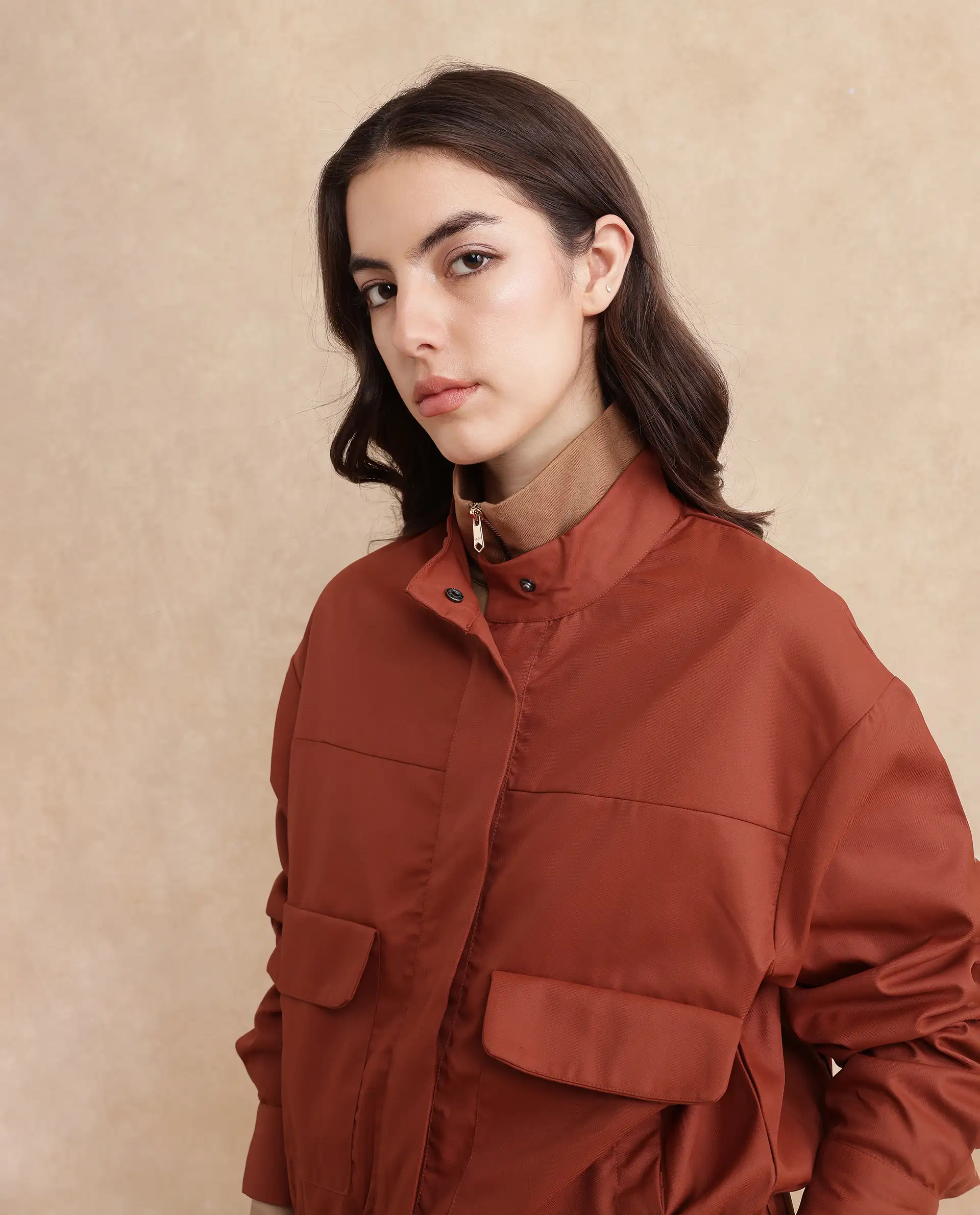 Rareism Women's Rukks Rust Stand Collar Plain Cuffed Sleeve Boxy Fit Jacket - Image 3