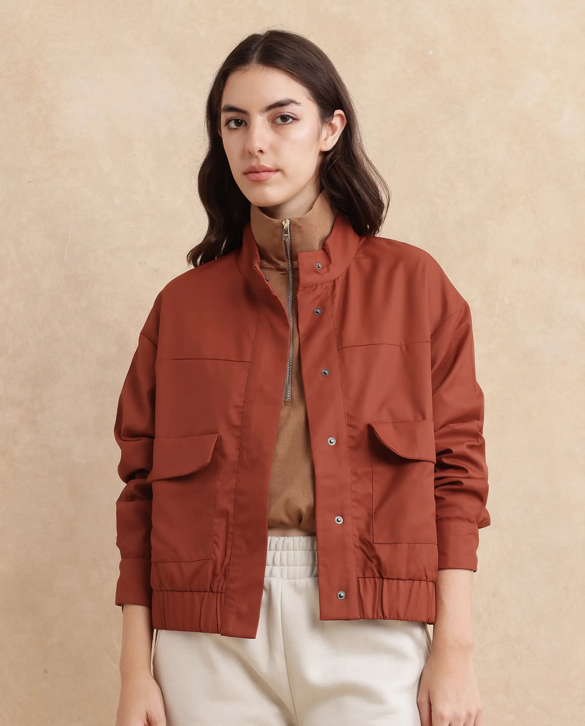 Rareism Women's Rukks Rust Stand Collar Plain Cuffed Sleeve Boxy Fit Jacket - Image 4