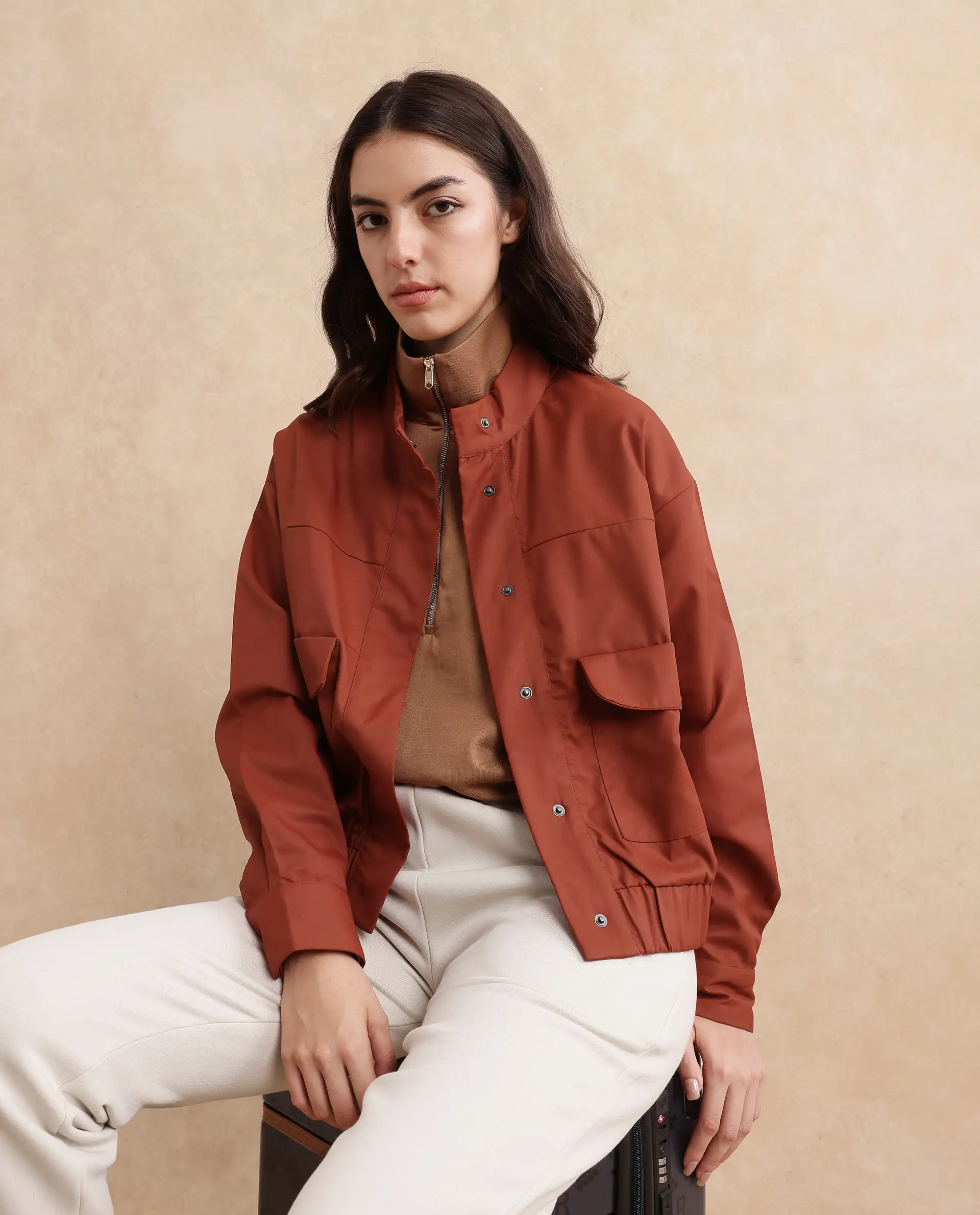 Rareism Women's Rukks Rust Stand Collar Plain Cuffed Sleeve Boxy Fit Jacket - Image 5