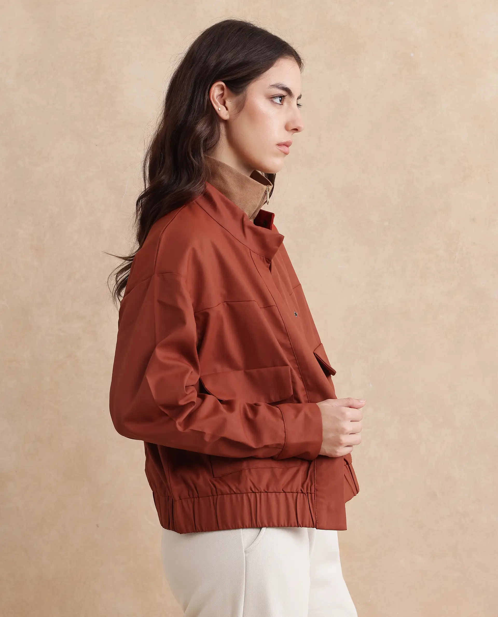 Rareism Women's Rukks Rust Stand Collar Plain Cuffed Sleeve Boxy Fit Jacket - Image 6