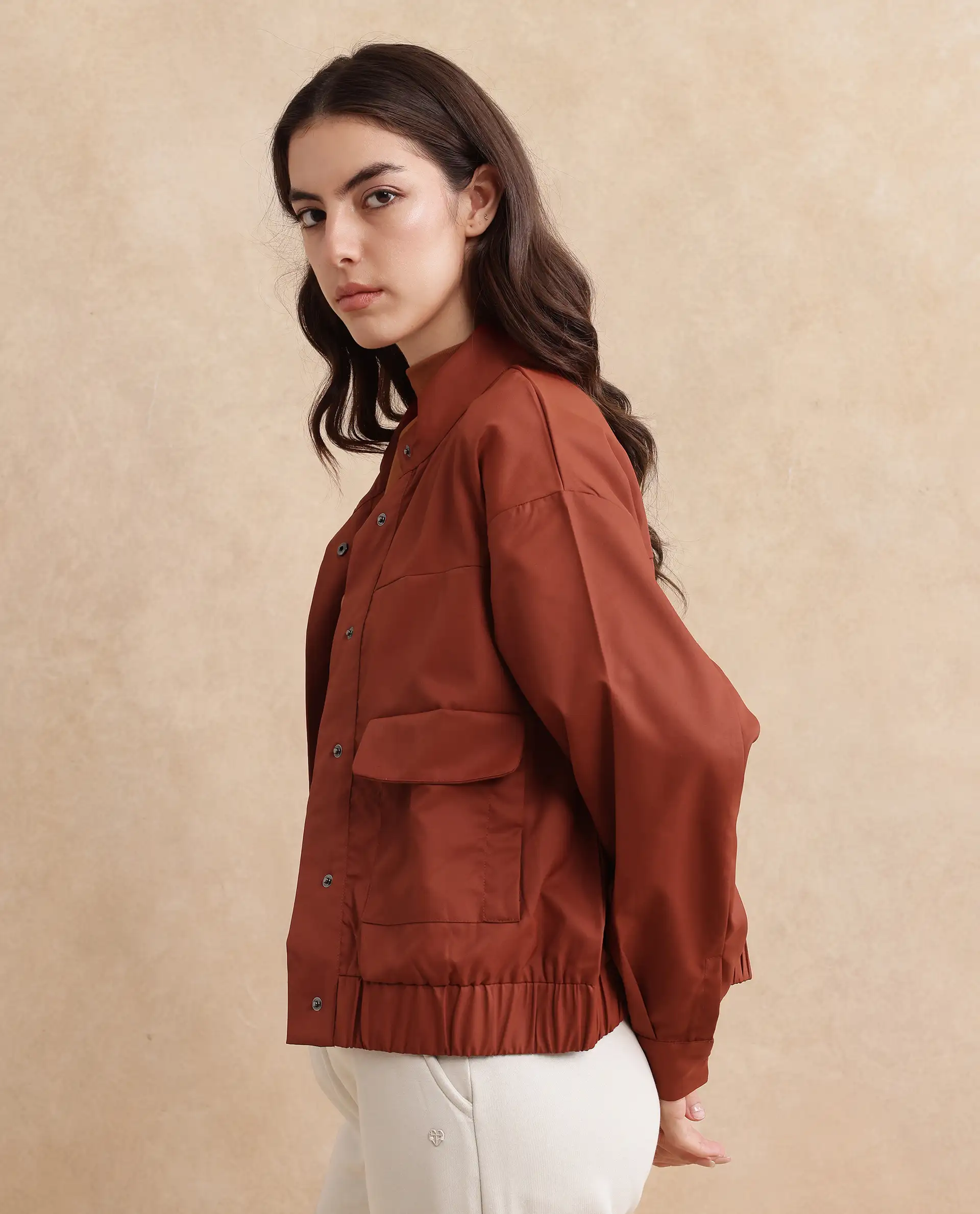 Rareism Women's Rukks Rust Stand Collar Plain Cuffed Sleeve Boxy Fit Jacket - Image 7