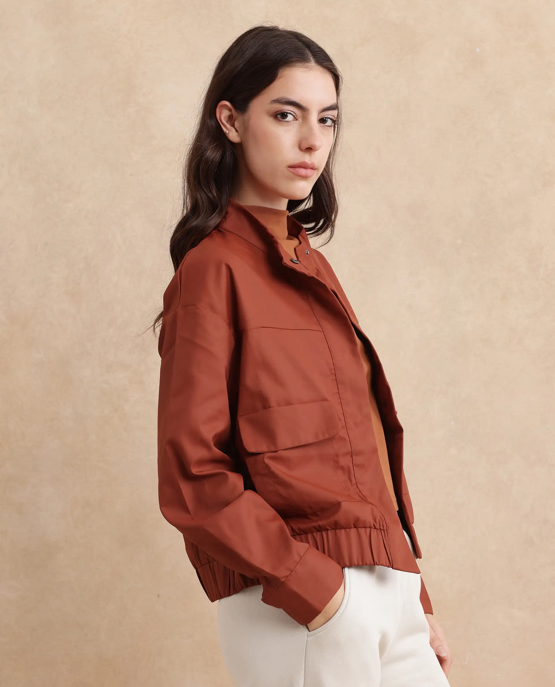 Rareism Women's Rukks Rust Stand Collar Plain Cuffed Sleeve Boxy Fit Jacket - Image 8