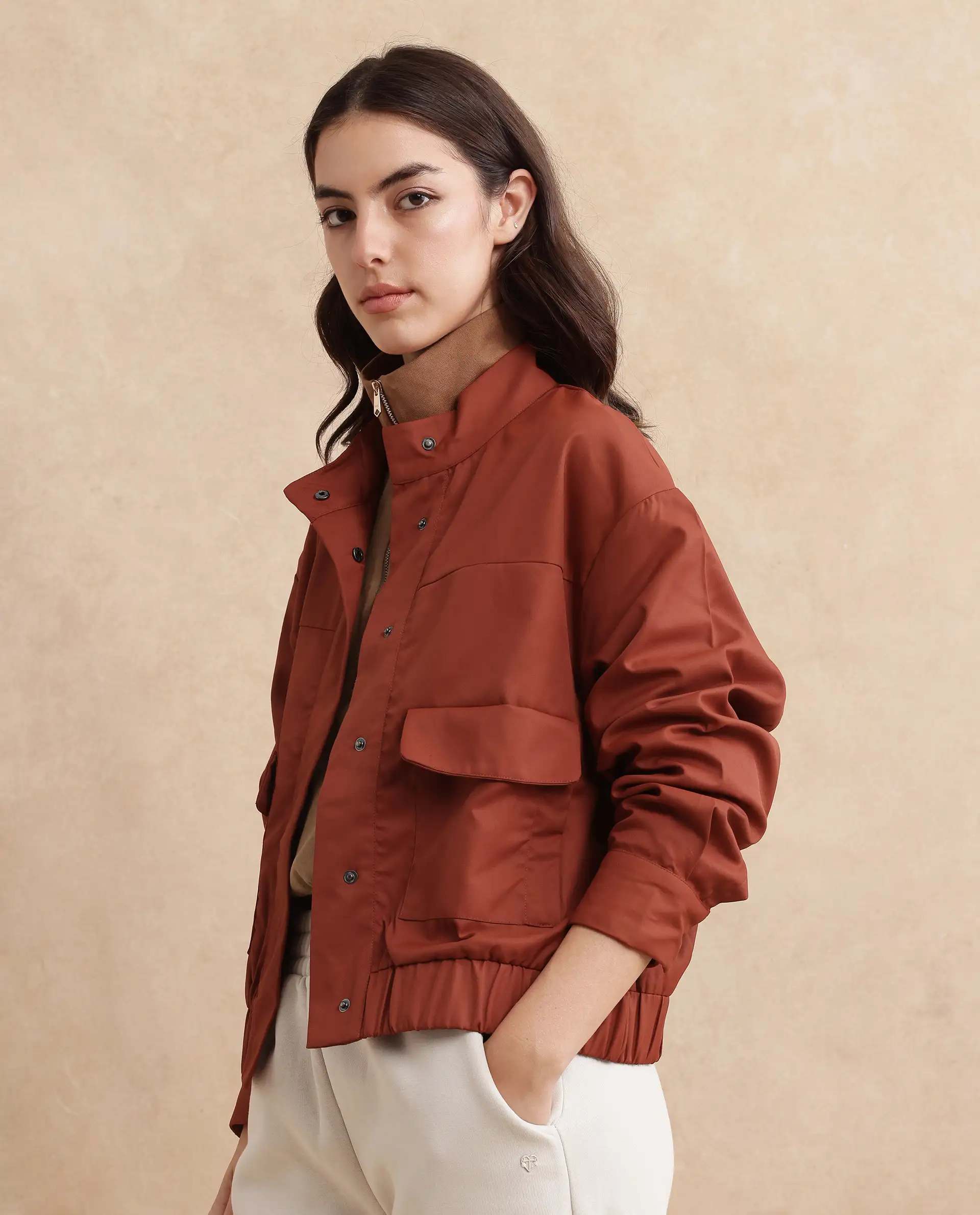 Rareism Women's Rukks Rust Stand Collar Plain Cuffed Sleeve Boxy Fit Jacket - Image 9