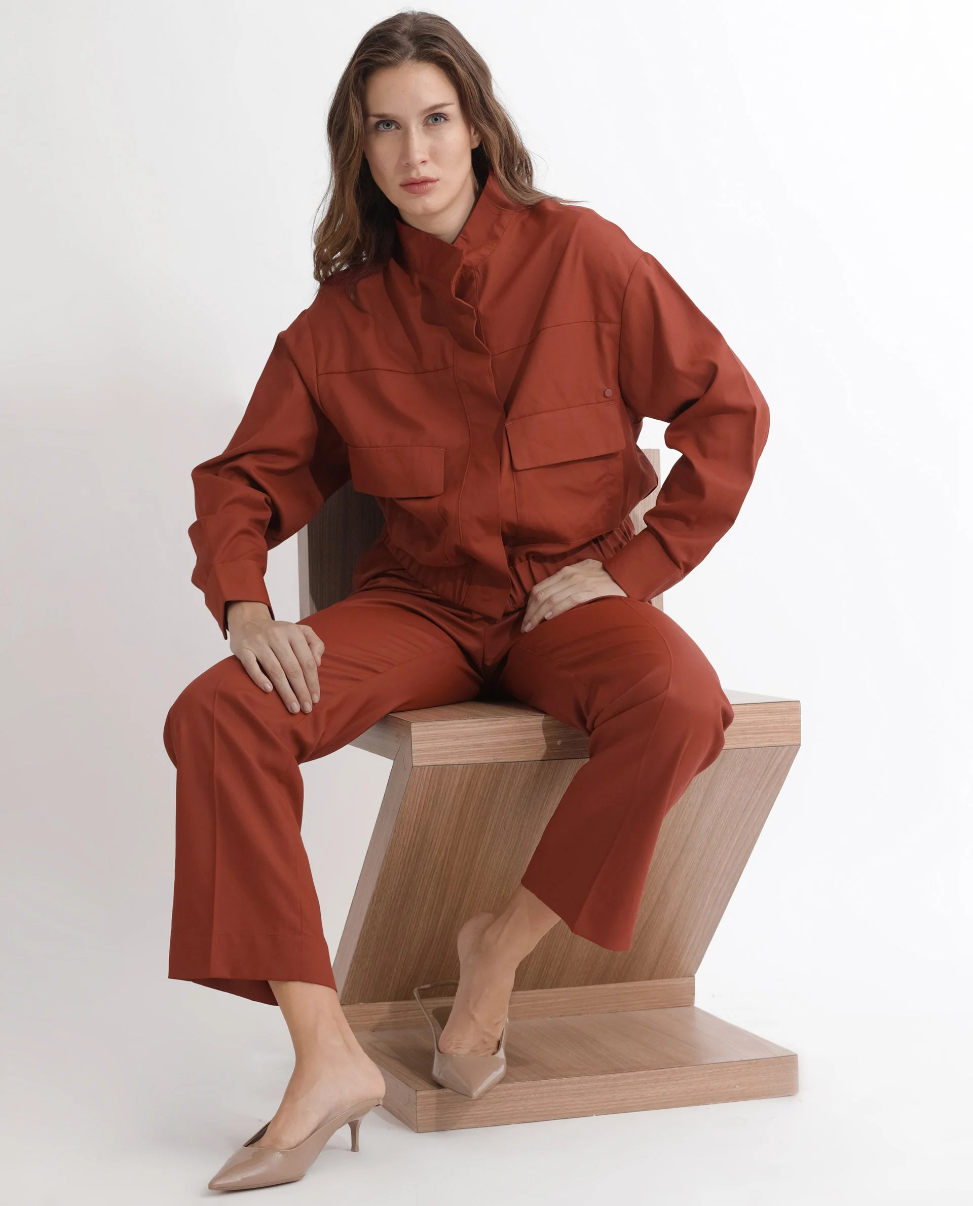 Rareism Women's Ruks Orange Polyester High Neck Plain Regular Fit Jacket - Image 14