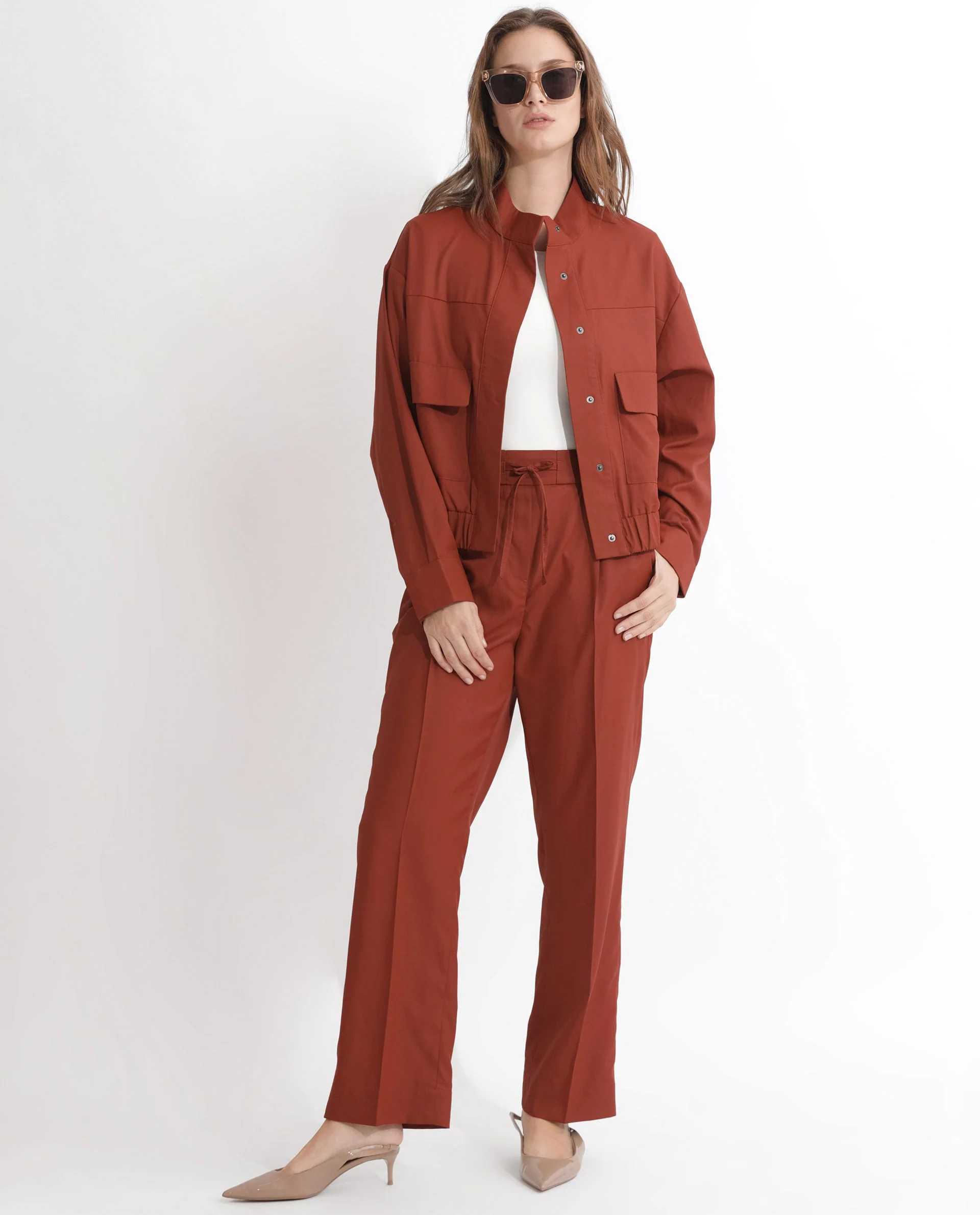 Rareism Women's Ruks Orange Polyester High Neck Plain Regular Fit Jacket - Image 16