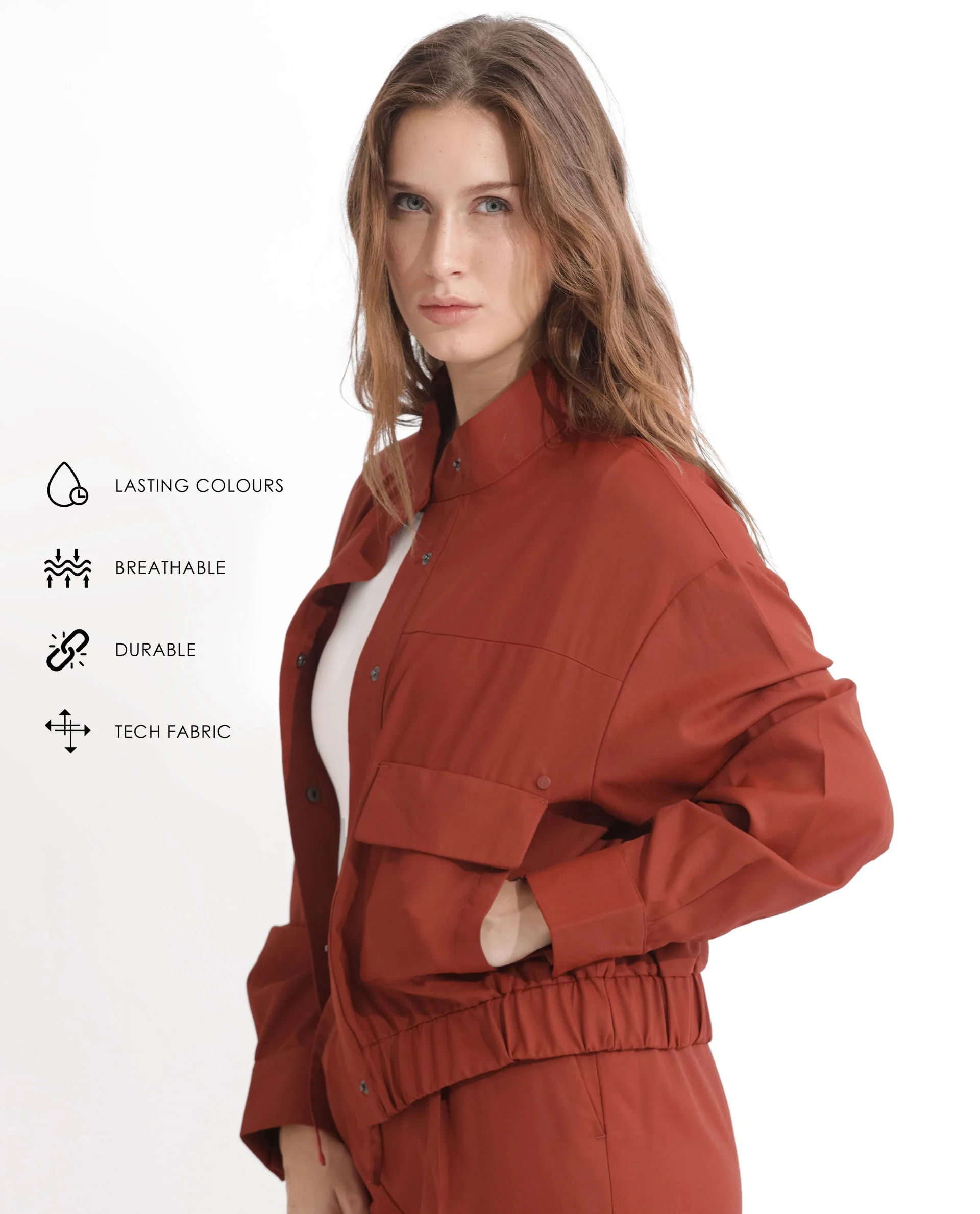 Rareism Women's Ruks Orange Polyester High Neck Plain Regular Fit Jacket - Image 4