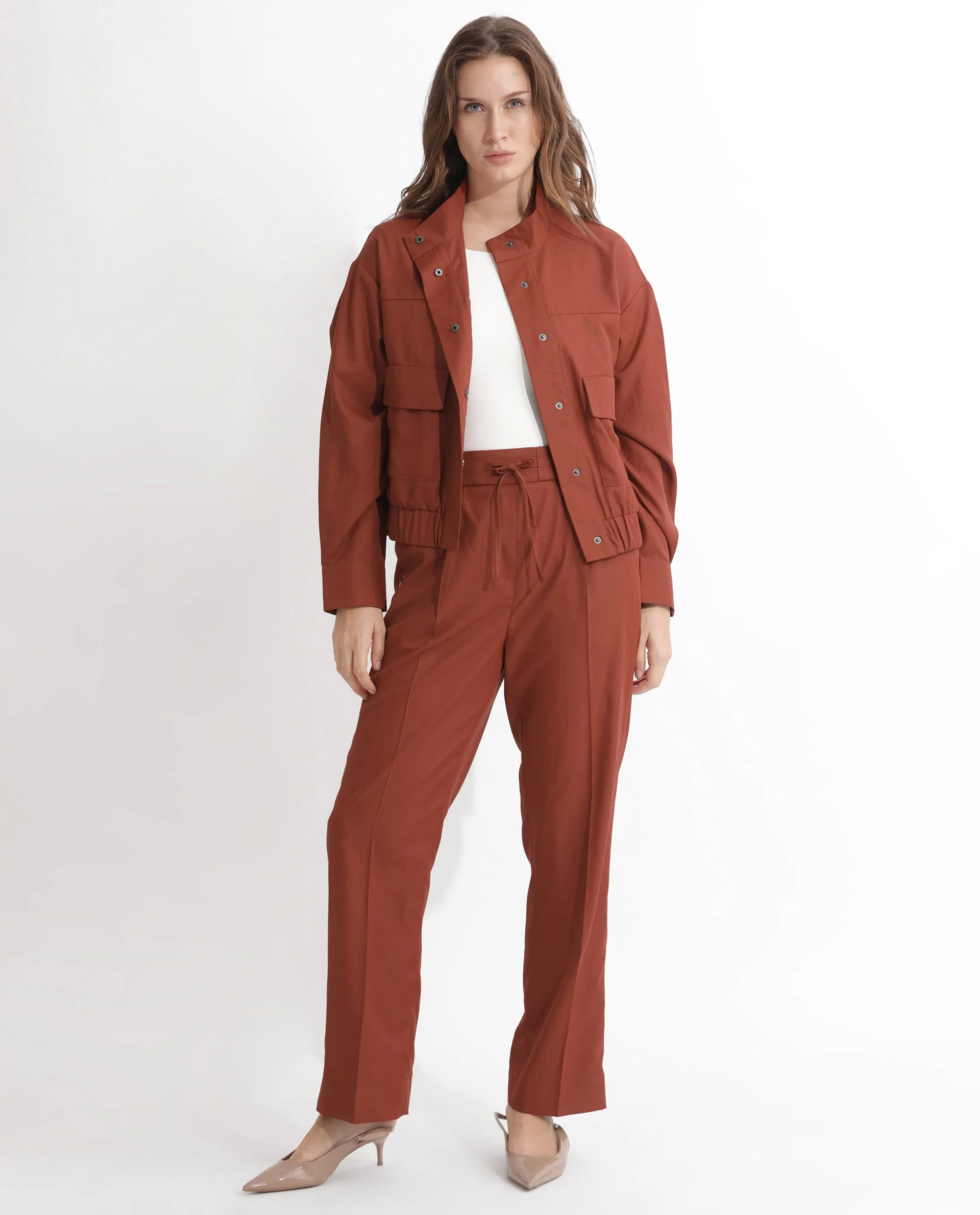 Rareism Women's Ruks Orange Polyester High Neck Plain Regular Fit Jacket - Image 9