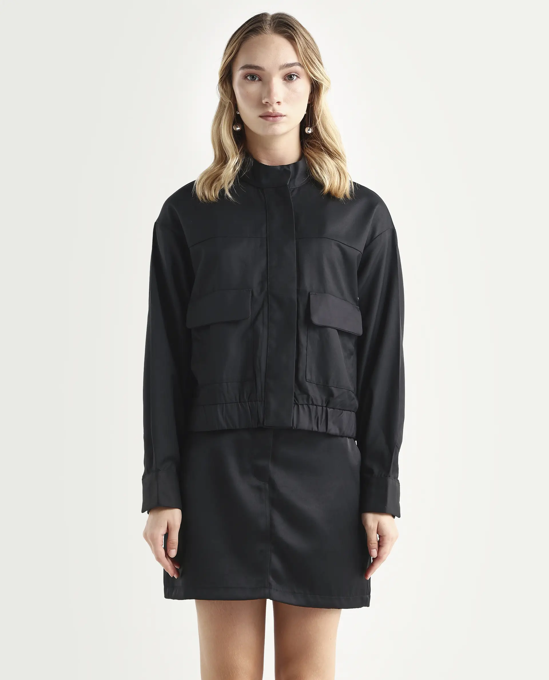 Rareism Women's Ruks Black Polyester High Neck Plain Regular Fit Jacket - Image 3