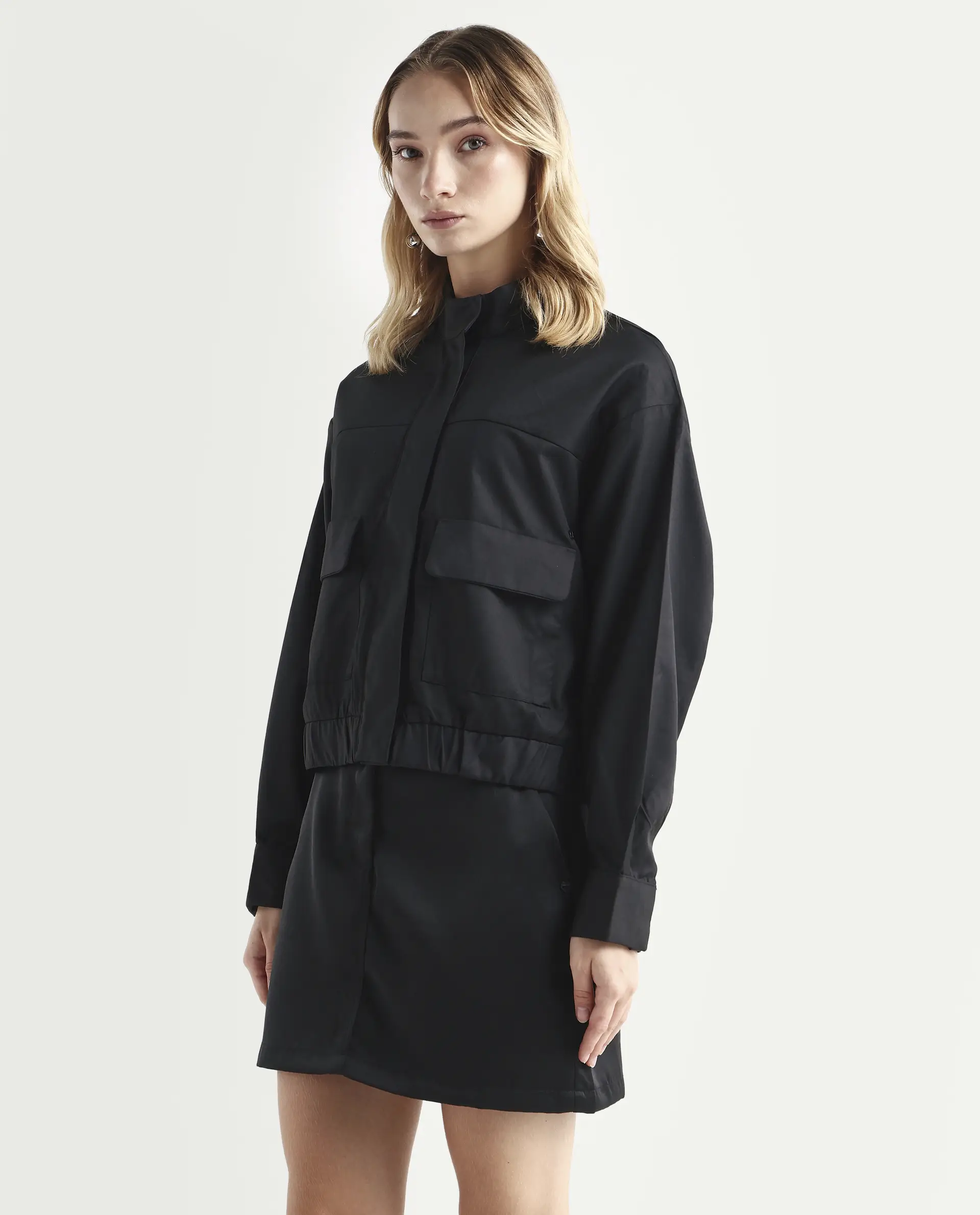 Rareism Women's Ruks Black Polyester High Neck Plain Regular Fit Jacket - Image 5