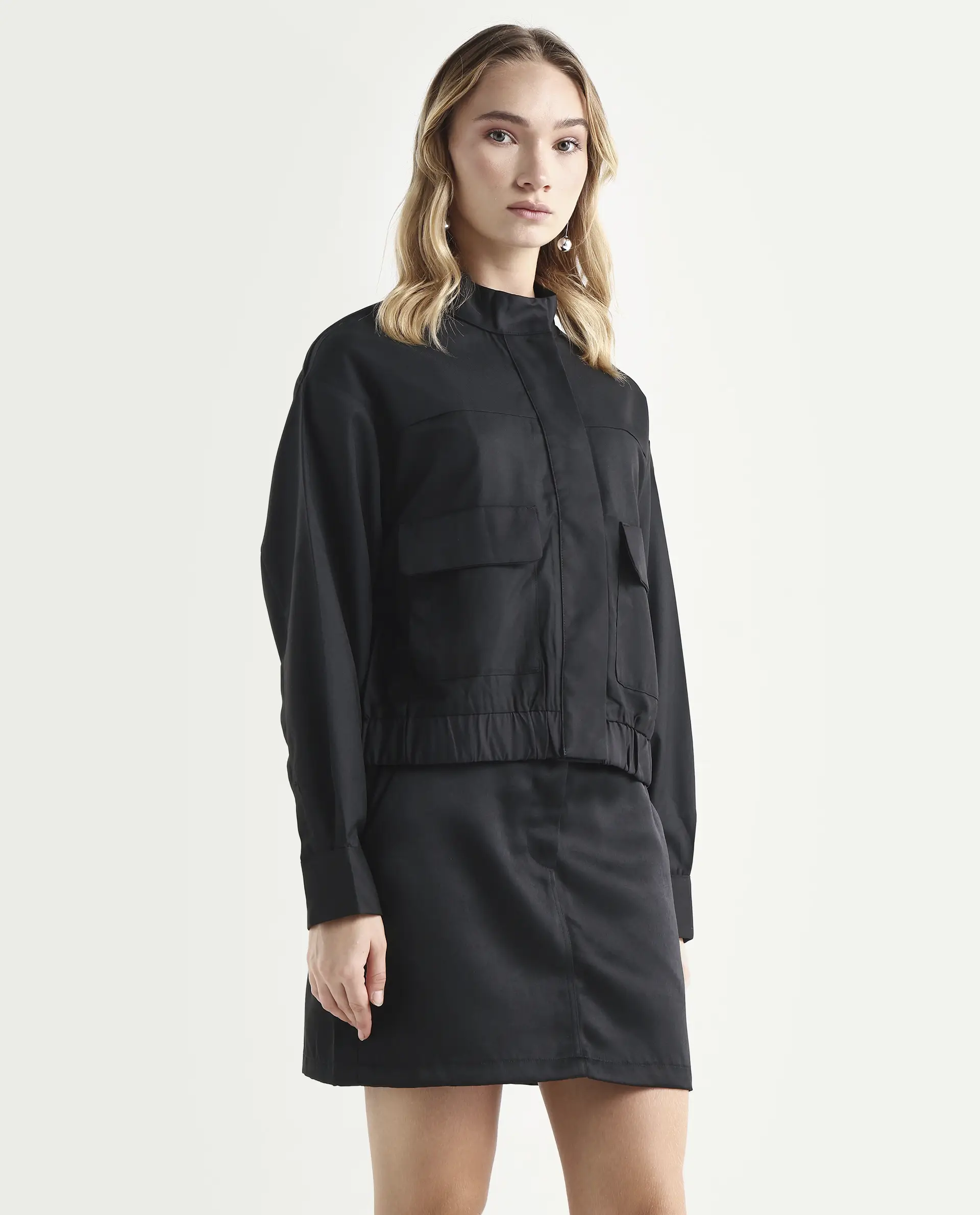 Rareism Women's Ruks Black Polyester High Neck Plain Regular Fit Jacket - Image 6