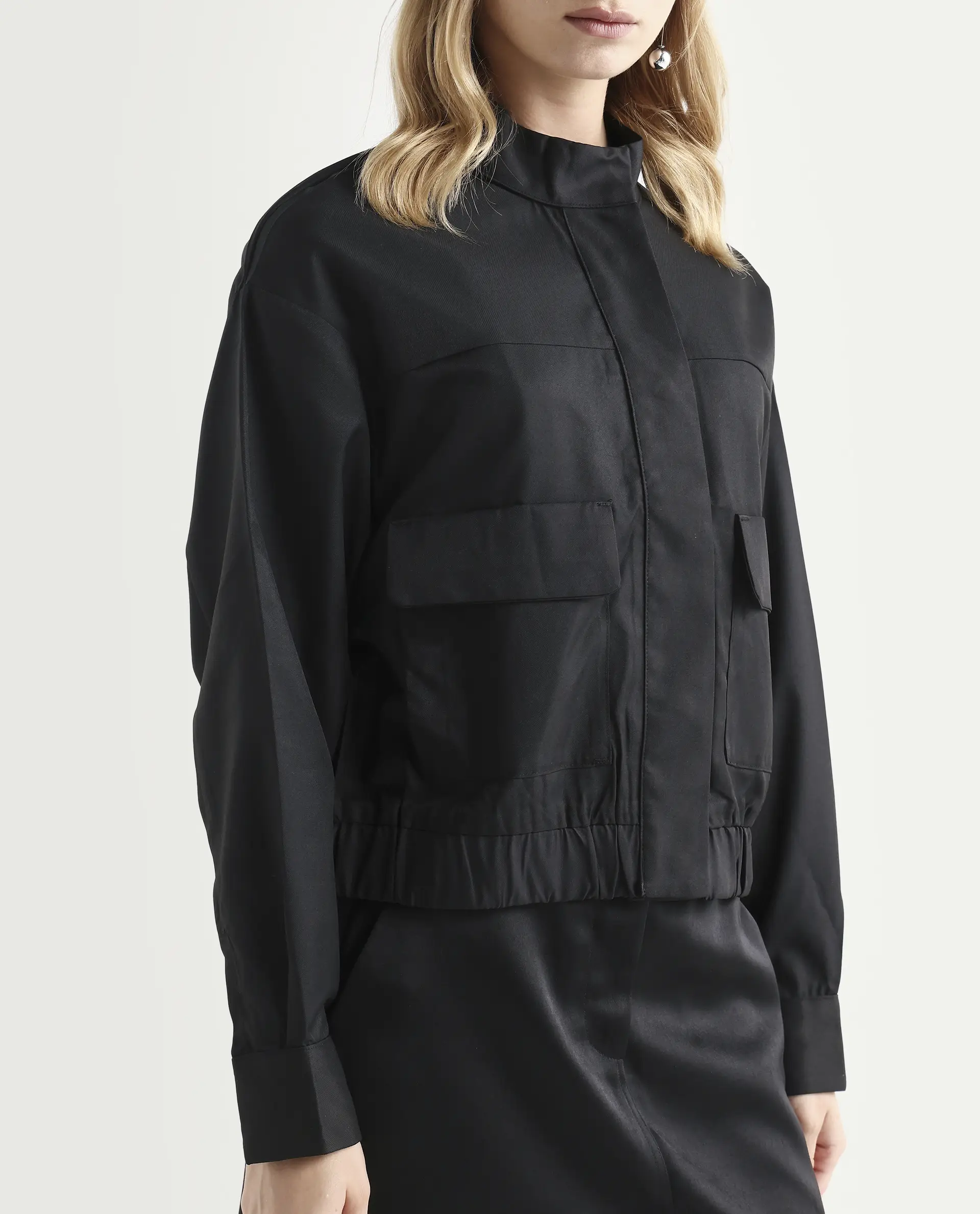 Rareism Women's Ruks Black Polyester High Neck Plain Regular Fit Jacket - Image 7