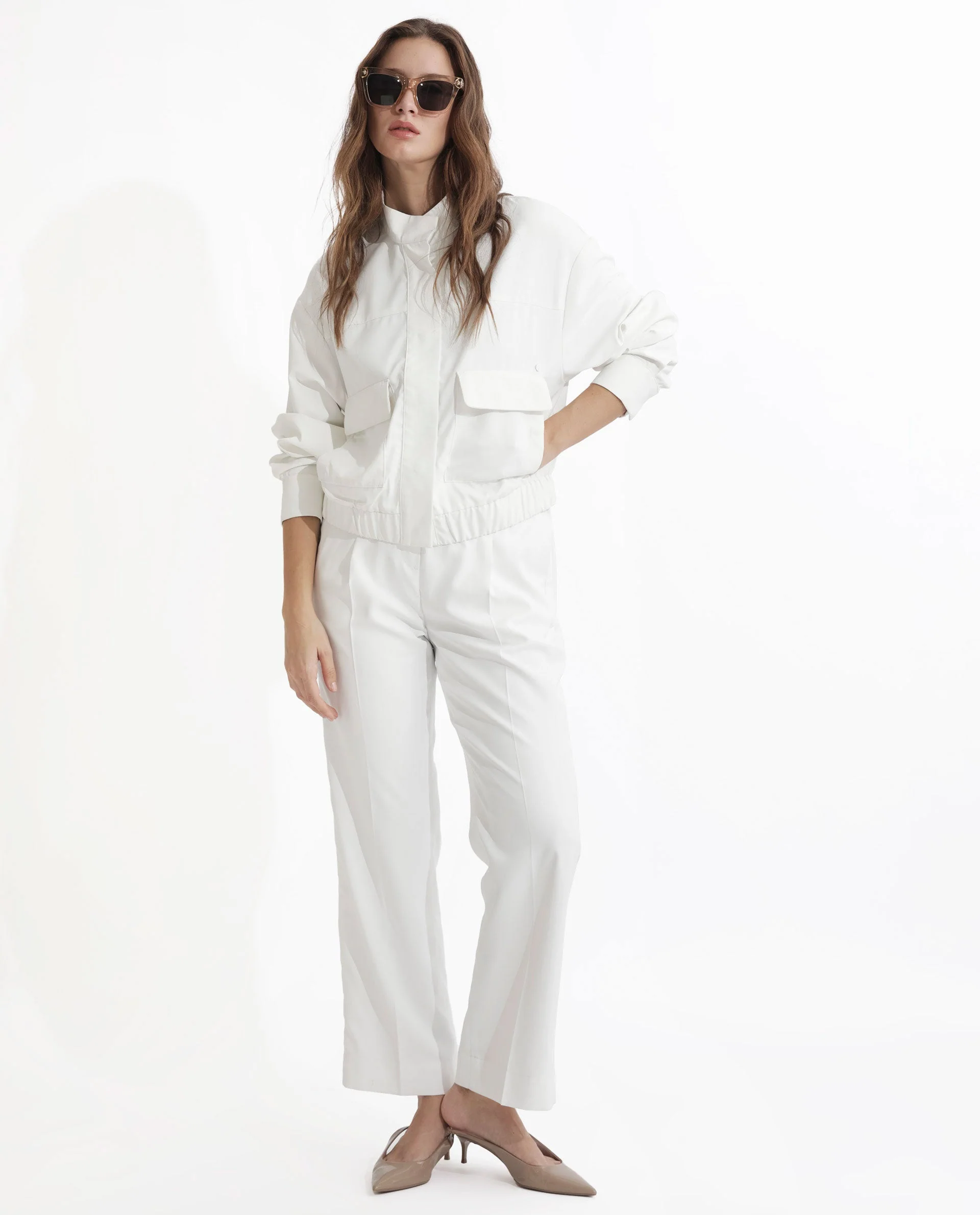 Rareism Women's Ruks Off White Polyester High Neck Plain Regular Fit Jacket - Image 15