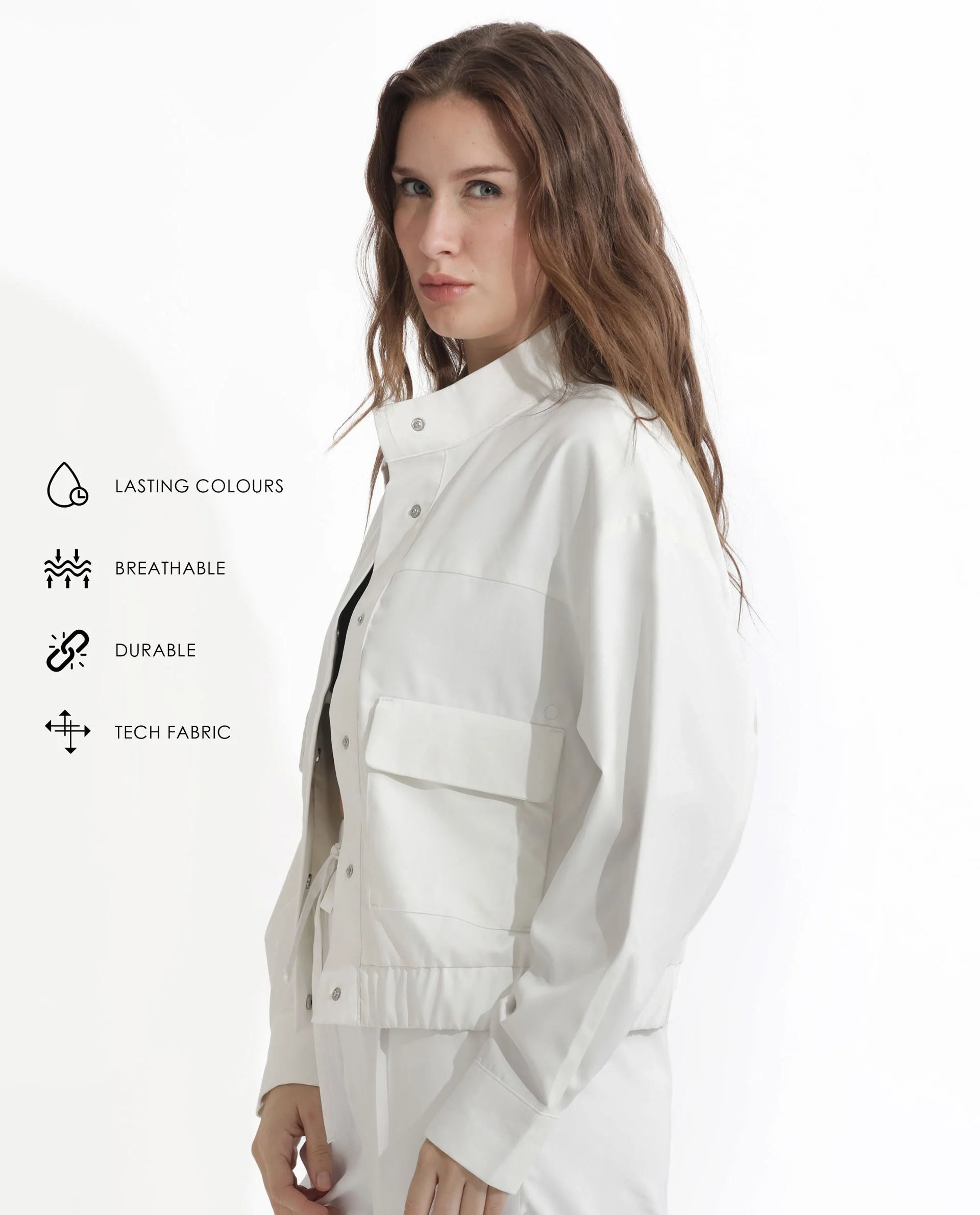 Rareism Women's Ruks Off White Polyester High Neck Plain Regular Fit Jacket - Image 2