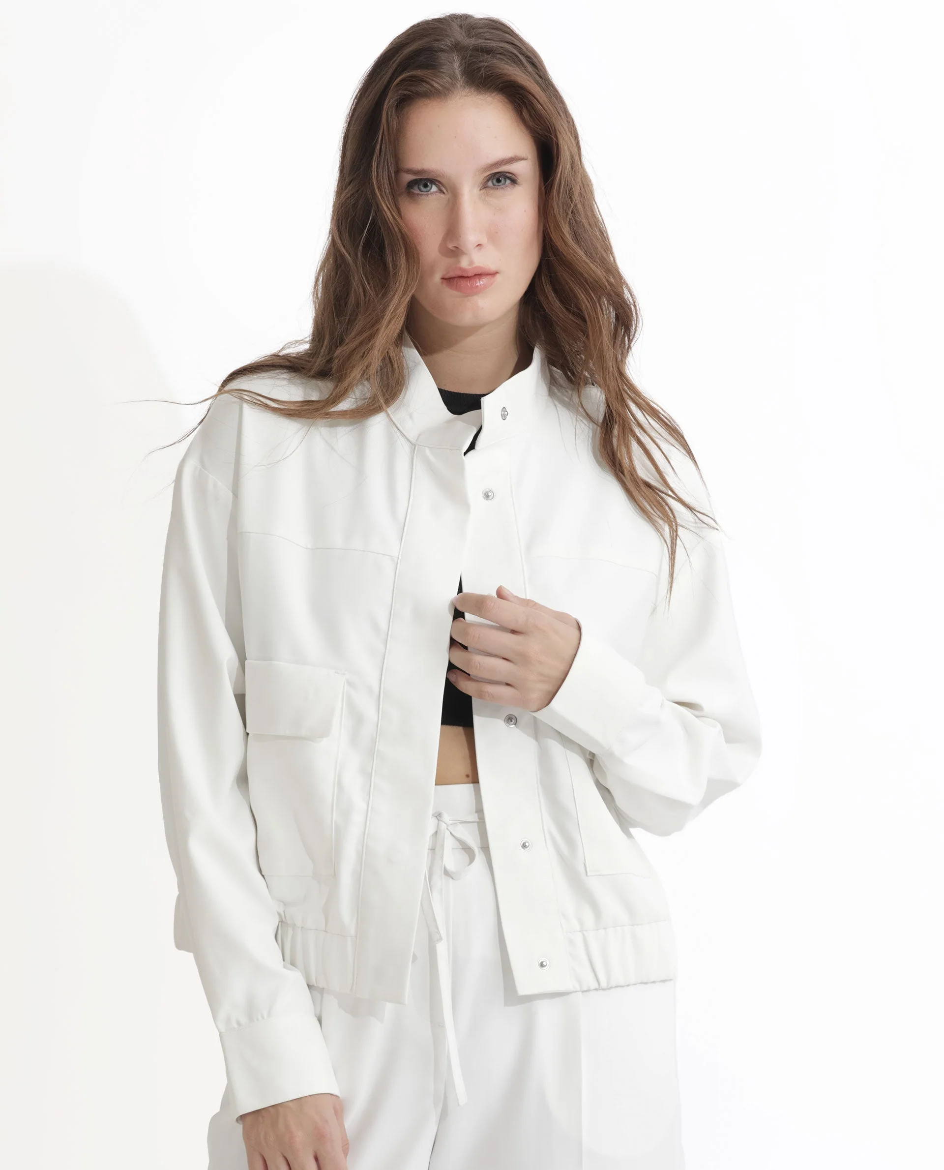 Rareism Women's Ruks Off White Polyester High Neck Plain Regular Fit Jacket - Image 9