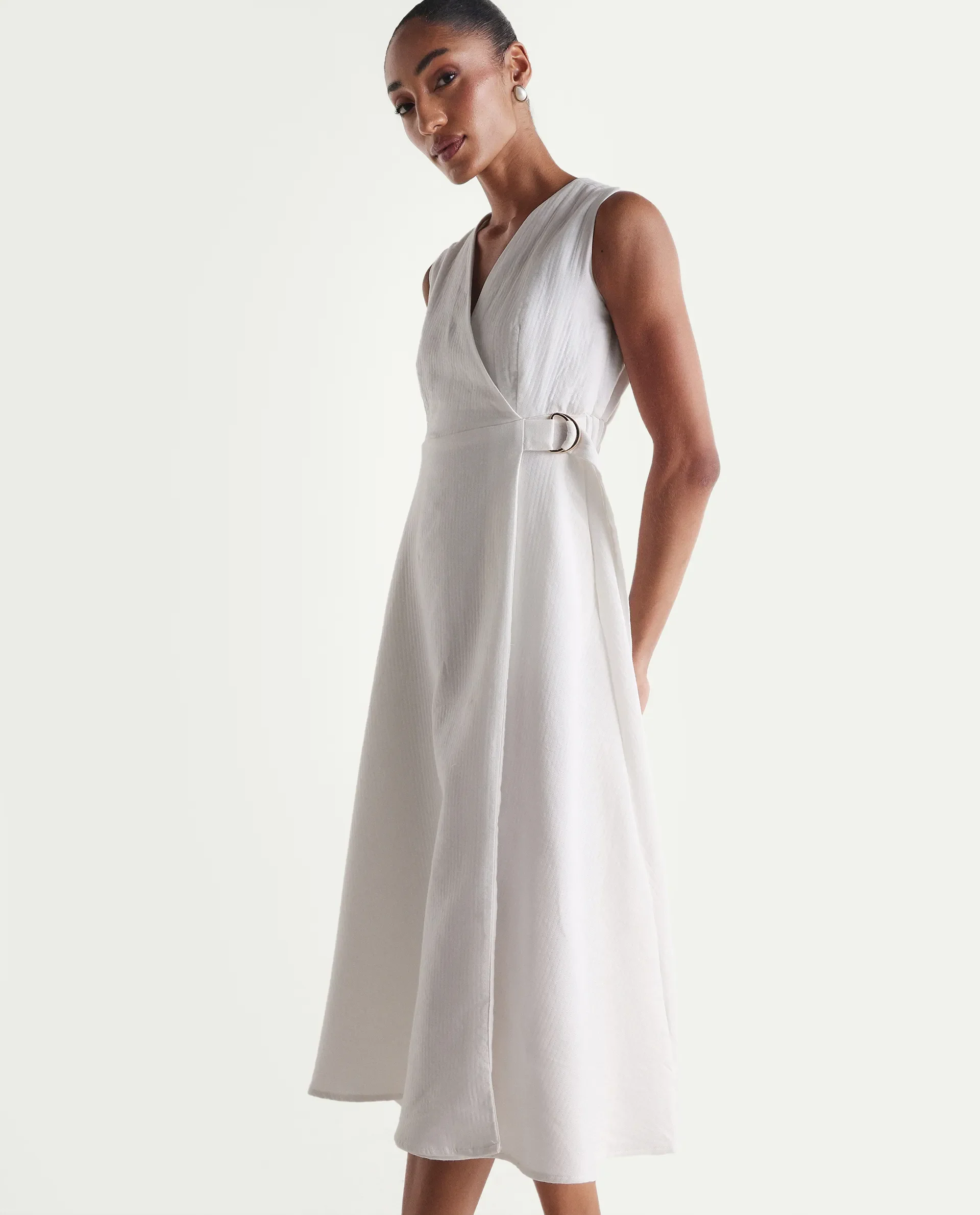 Rareism Women's Rulet Primary Beige Cotton Sleeveless V-Neck A-Line Plain Dress - Image 3