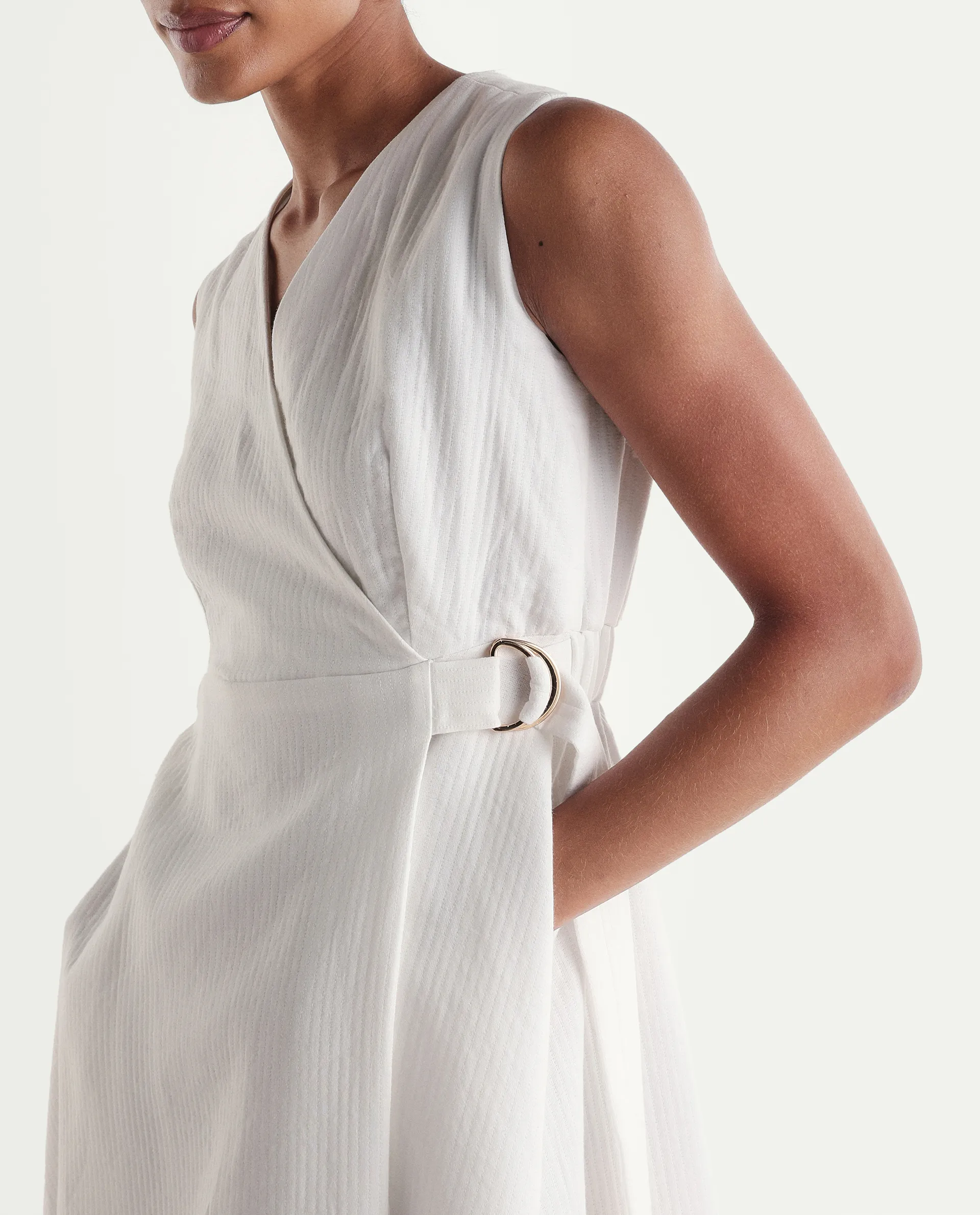 Rareism Women's Rulet Primary Beige Cotton Sleeveless V-Neck A-Line Plain Dress - Image 4