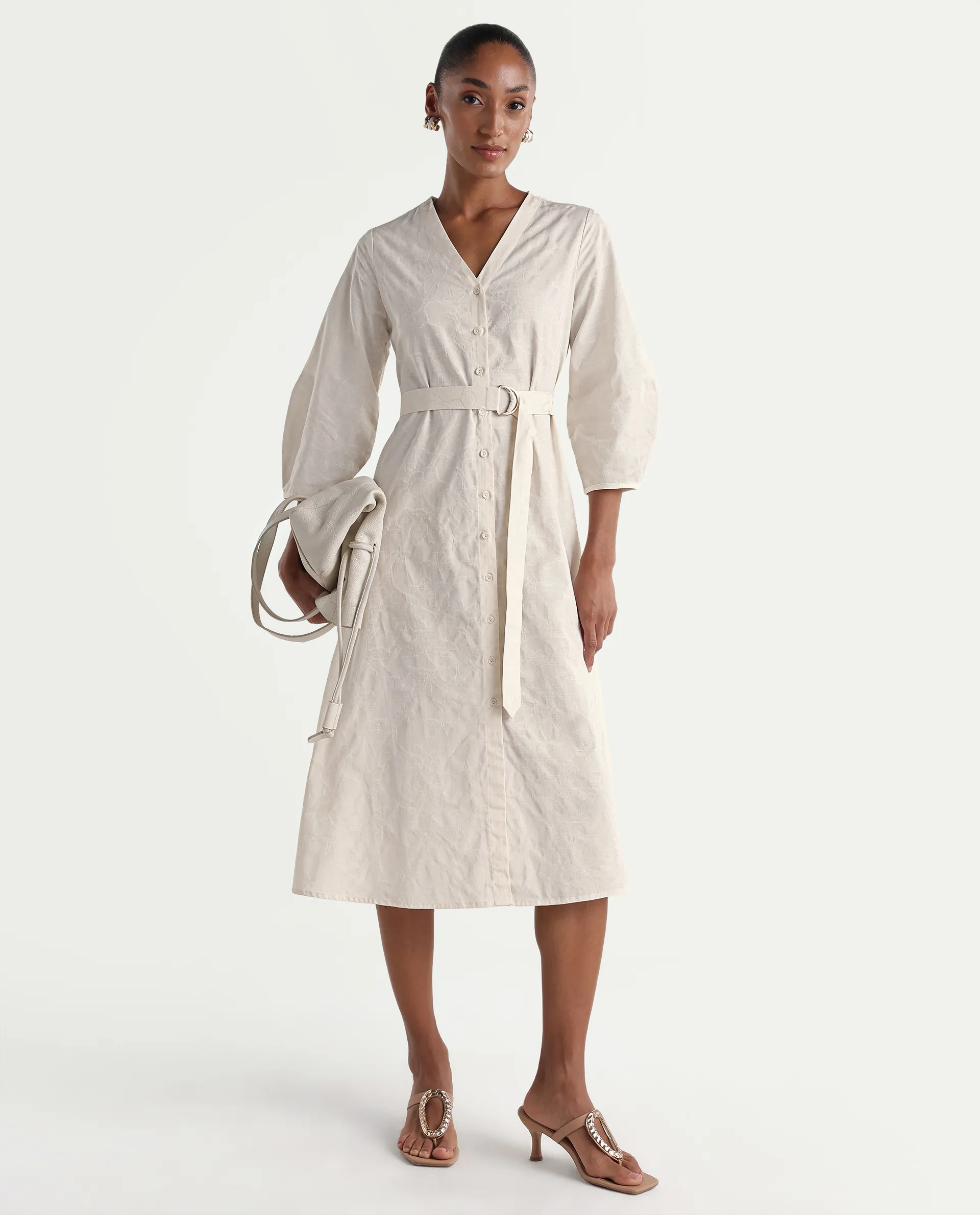 Rareism Women's Rumang Off White Cotton V-Neck Button A-Line Jacquard Print Dress - Image 2