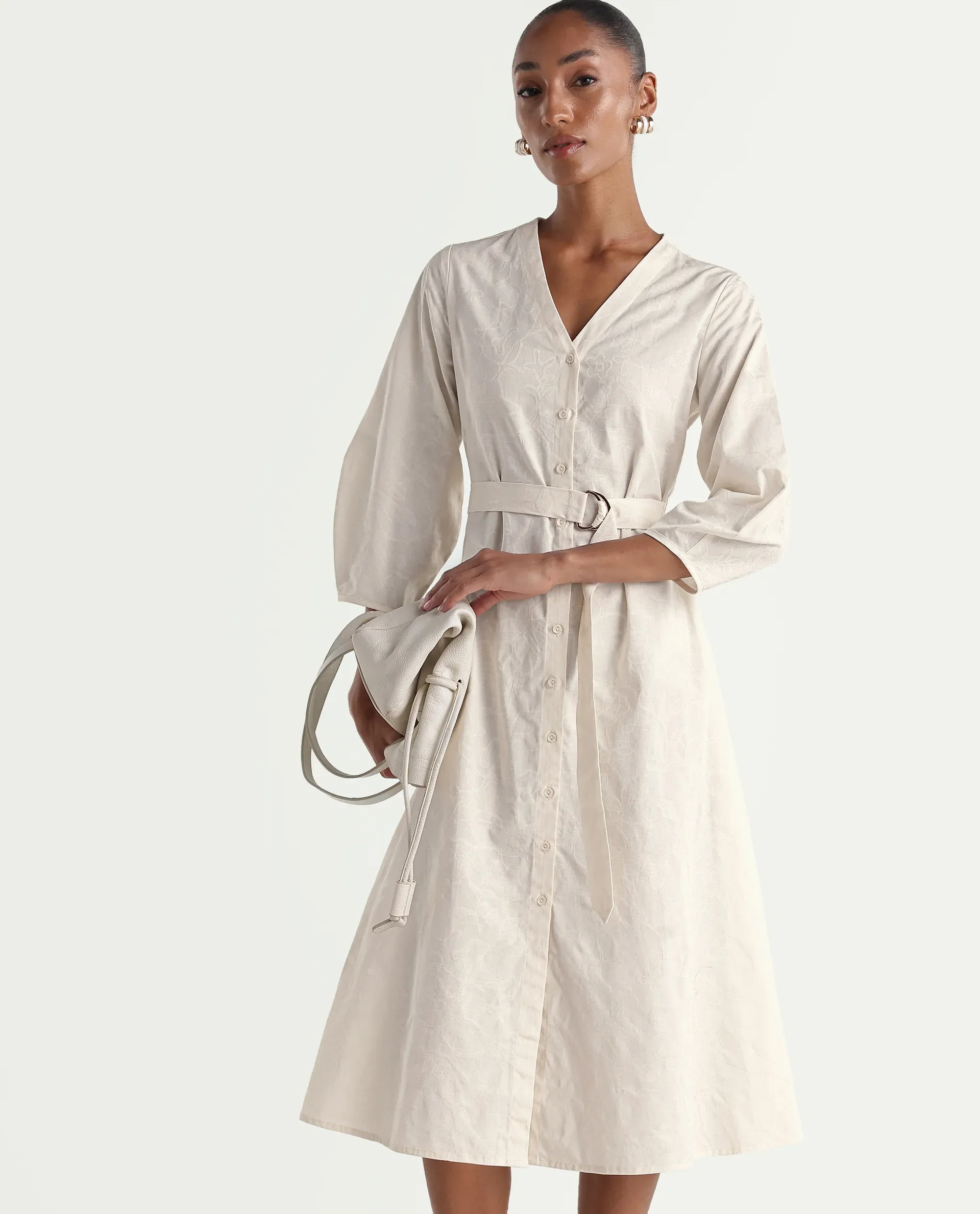 Rareism Women's Rumang Off White Cotton V-Neck Button A-Line Jacquard Print Dress - Image 3