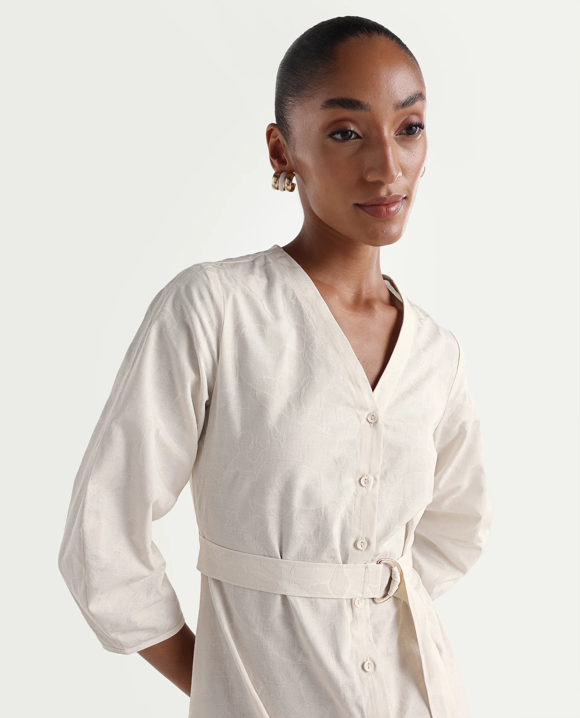 Rareism Women's Rumang Off White Cotton V-Neck Button A-Line Jacquard Print Dress - Image 4