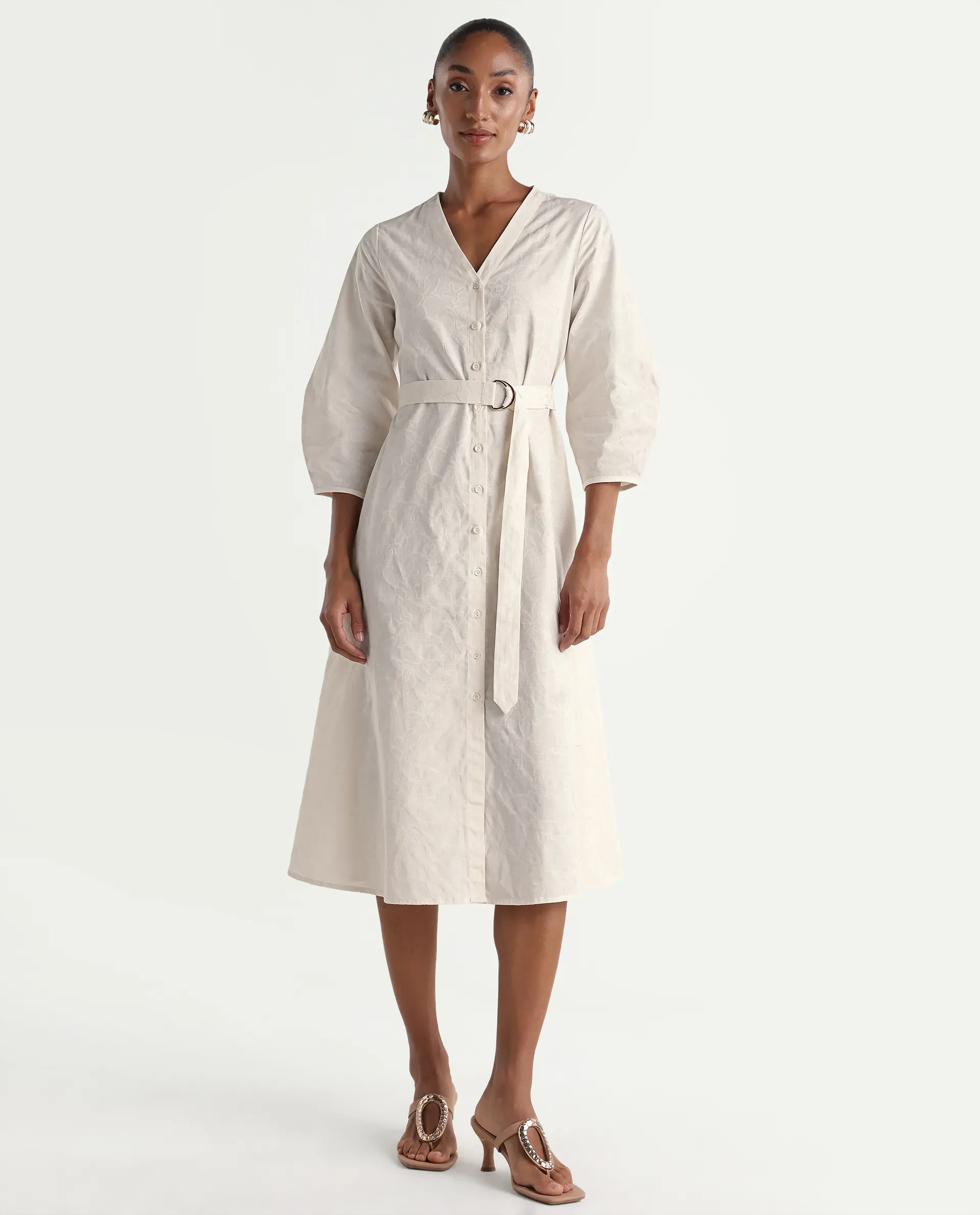 Rareism Women's Rumang Off White Cotton V-Neck Button A-Line Jacquard Print Dress - Image 5