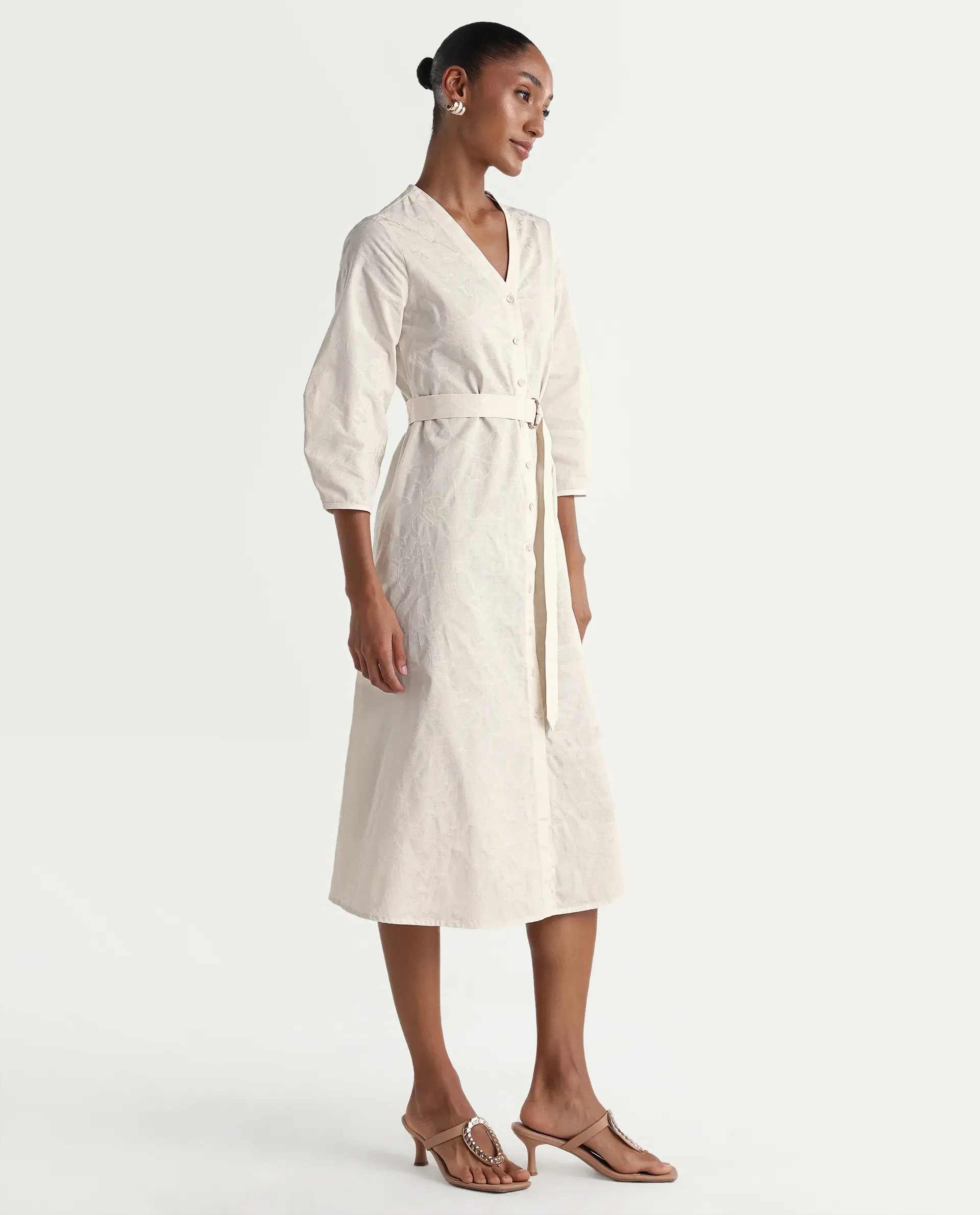 Rareism Women's Rumang Off White Cotton V-Neck Button A-Line Jacquard Print Dress - Image 6
