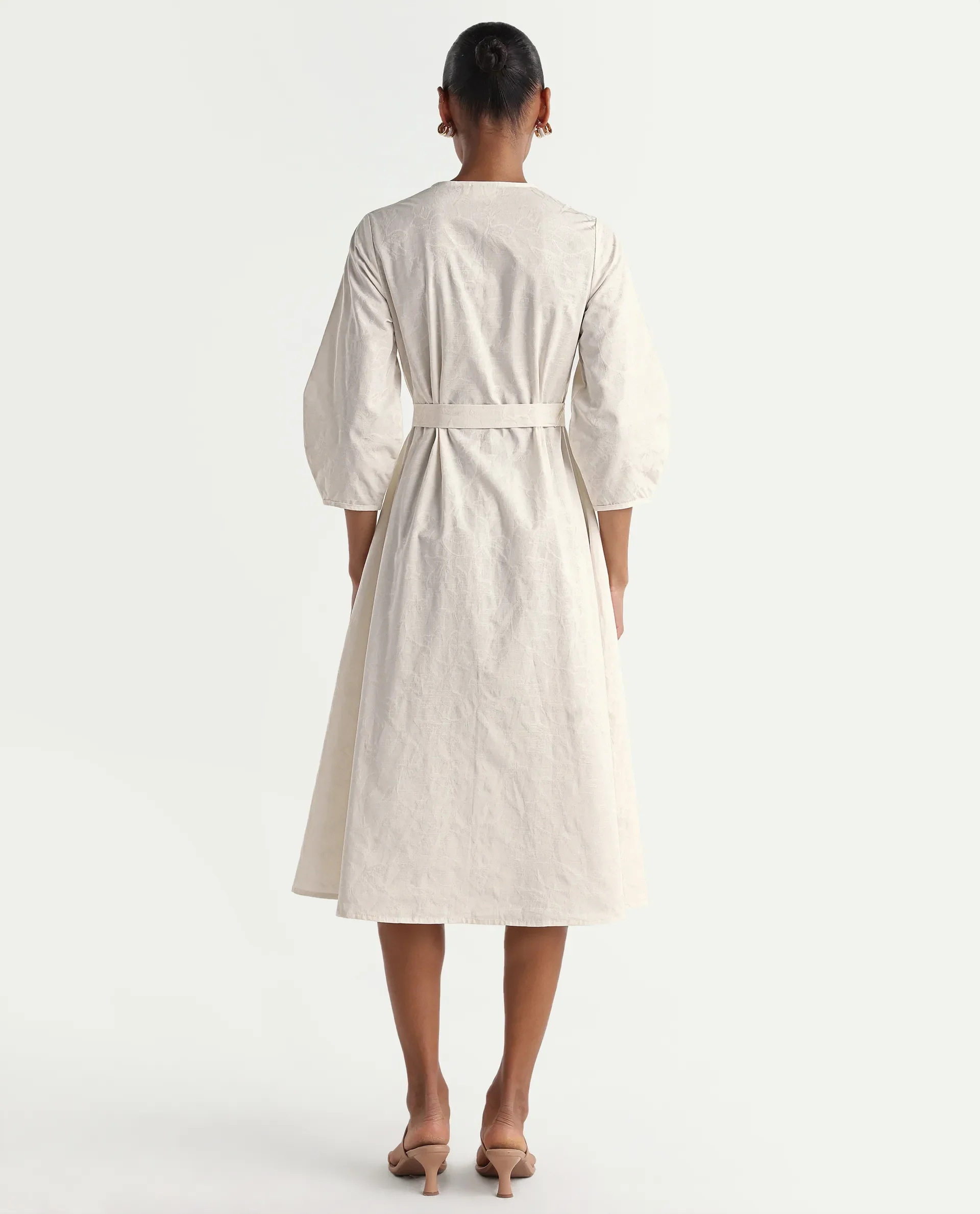 Rareism Women's Rumang Off White Cotton V-Neck Button A-Line Jacquard Print Dress - Image 7