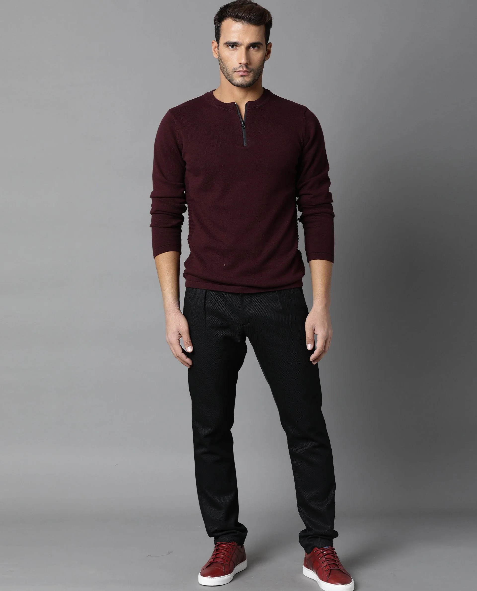 Rare Rabbit Men's Rumble Maroon Cotton Plain Regular Fit Full Sleeve Crew Neck Sweater - Image 3