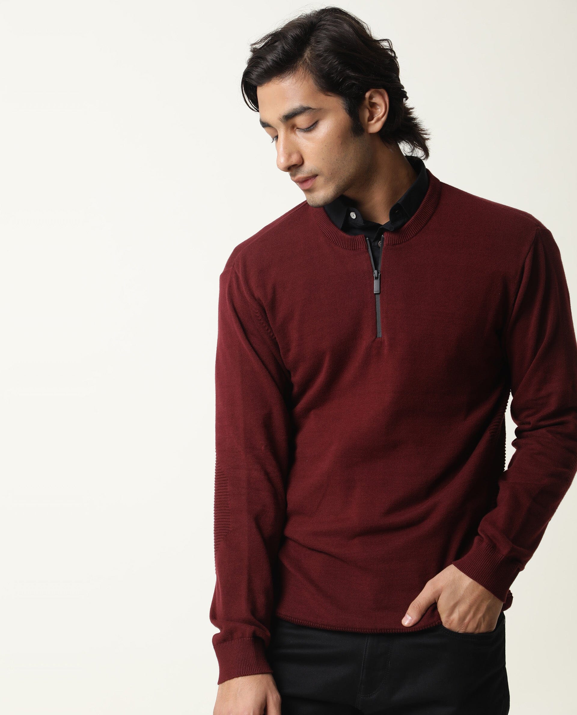Rare Rabbit Men's Rumbled Maroon Cotton Plain Relaxed Fit Full Sleeve Crew Neck Sweater - Image 2