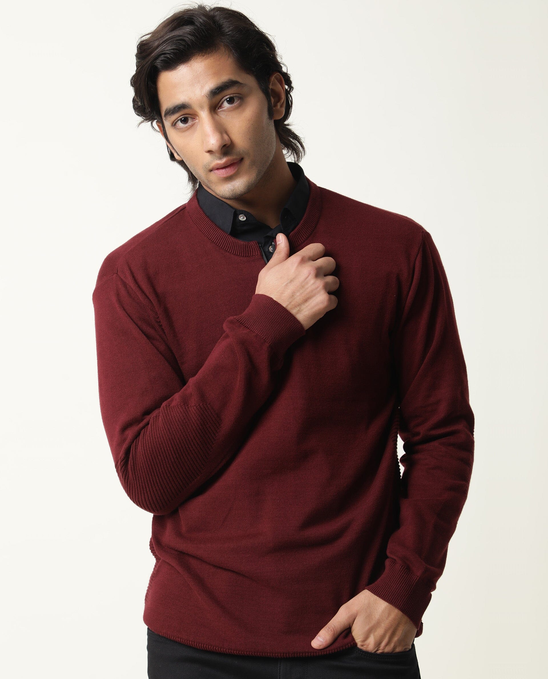 Rare Rabbit Men's Rumbled Maroon Cotton Plain Relaxed Fit Full Sleeve Crew Neck Sweater - Image 3