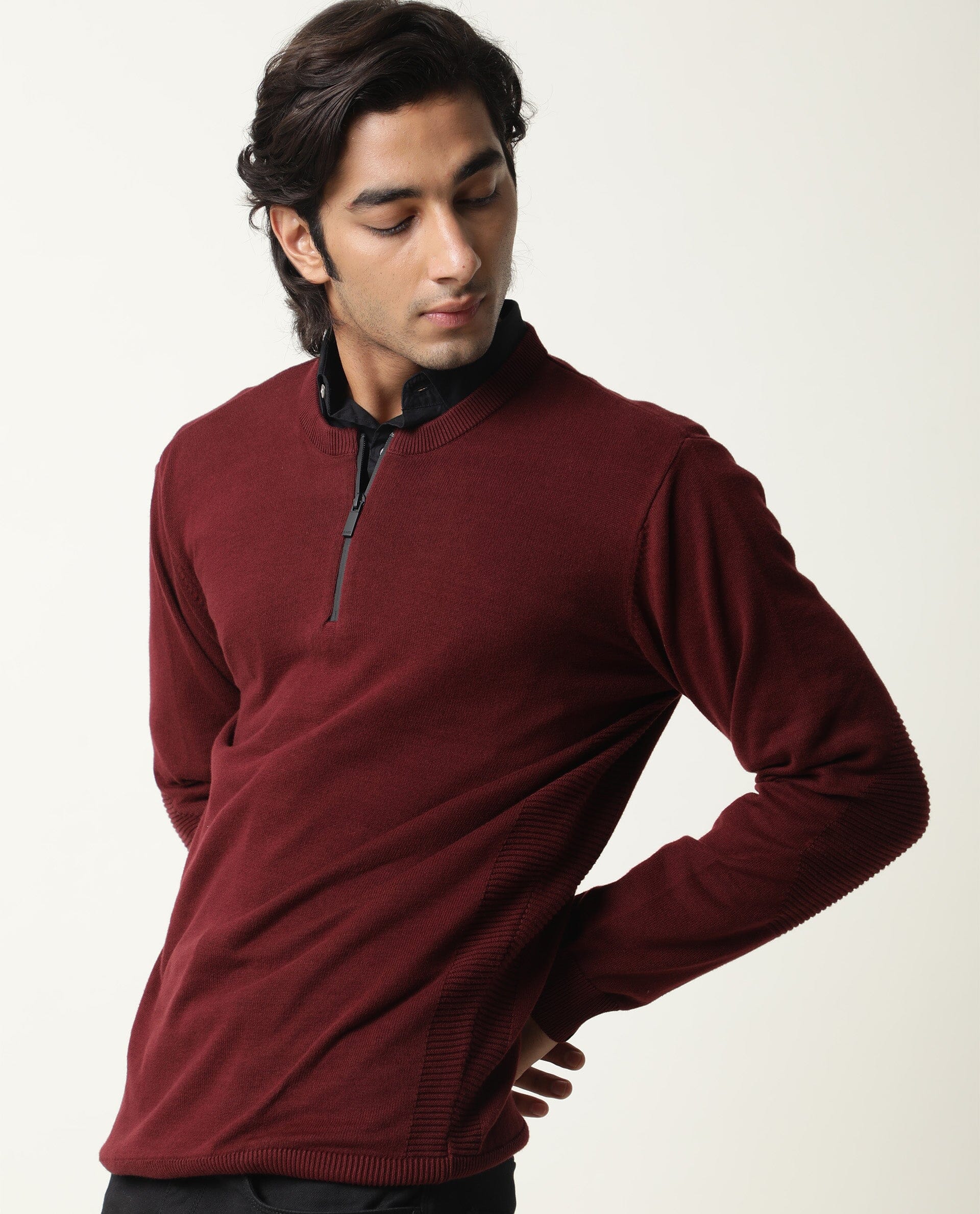 Rare Rabbit Men's Rumbled Maroon Cotton Plain Relaxed Fit Full Sleeve Crew Neck Sweater - Image 4