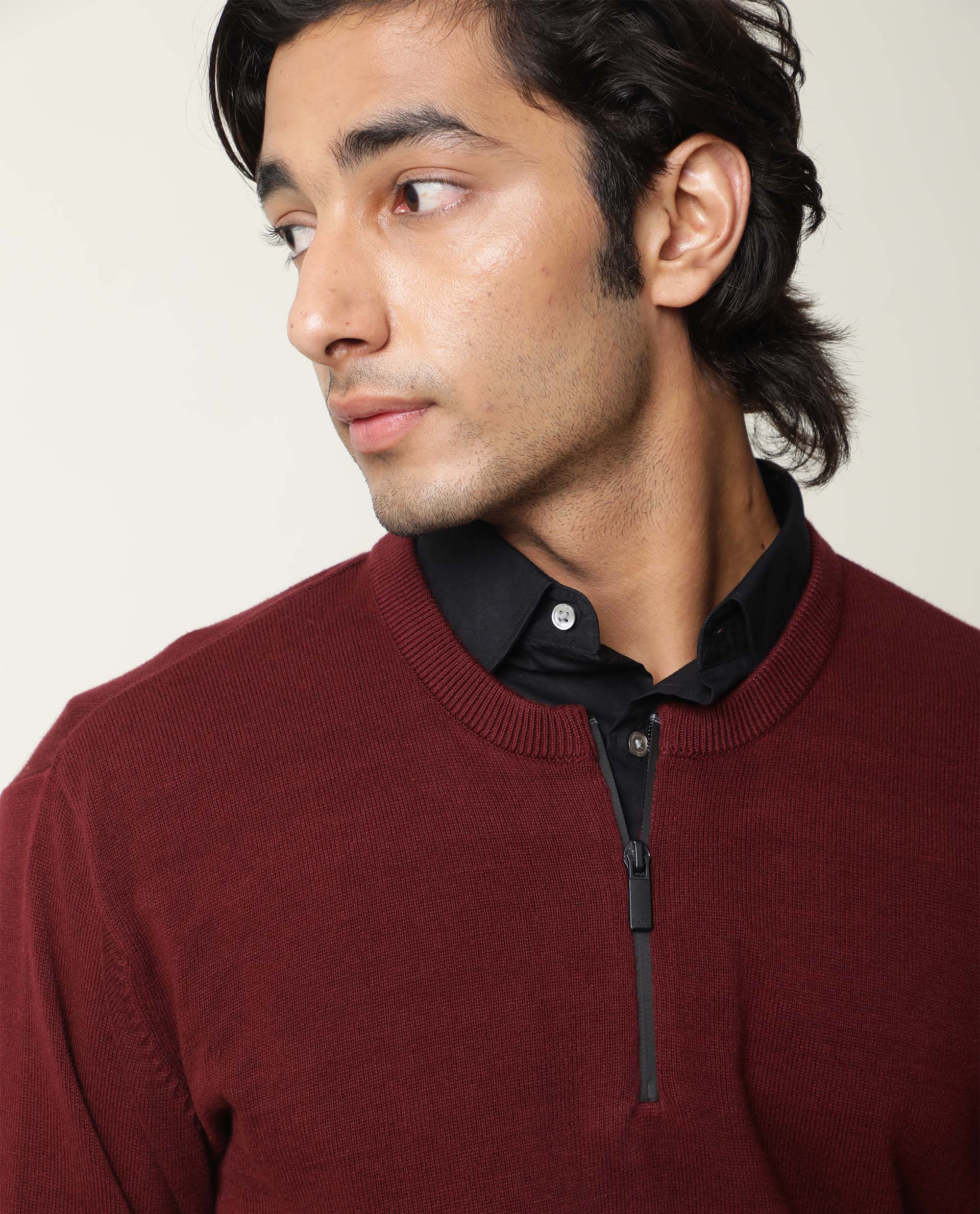 Rare Rabbit Men's Rumbled Maroon Cotton Plain Relaxed Fit Full Sleeve Crew Neck Sweater - Image 5