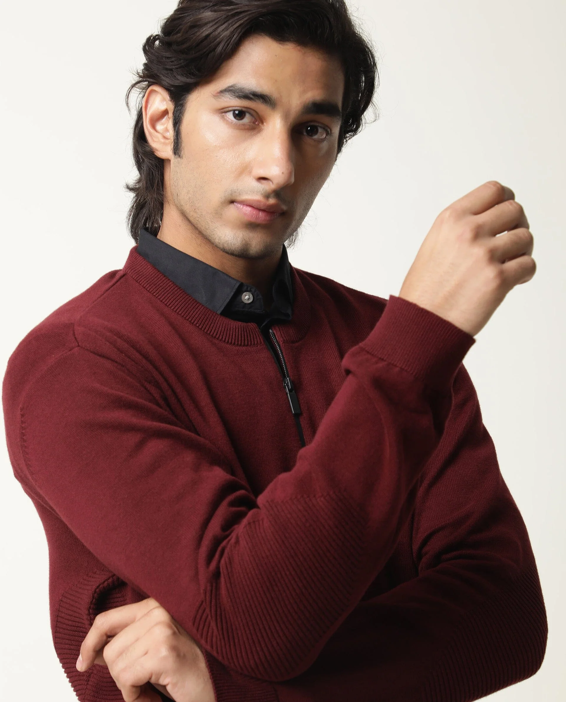 Rare Rabbit Men's Rumbled Maroon Cotton Plain Relaxed Fit Full Sleeve Crew Neck Sweater - Image 6