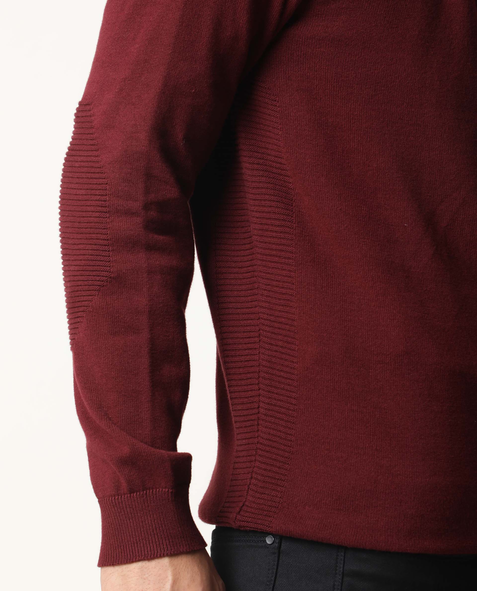 Rare Rabbit Men's Rumbled Maroon Cotton Plain Relaxed Fit Full Sleeve Crew Neck Sweater - Image 7