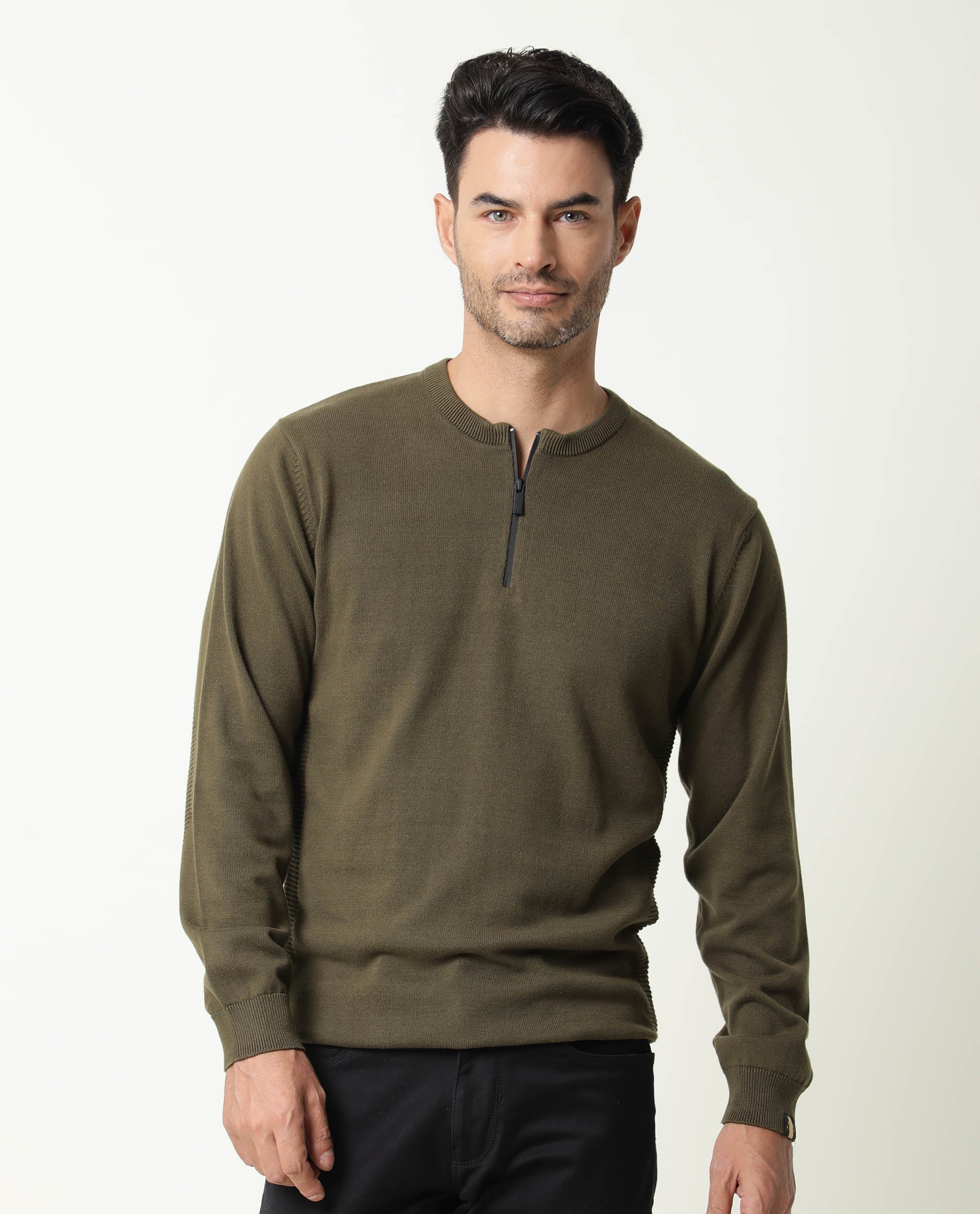 Rare Rabbit Men's Rumbled Olive Cotton Plain Relaxed Fit Full Sleeve Crew Neck Sweater - Image 2