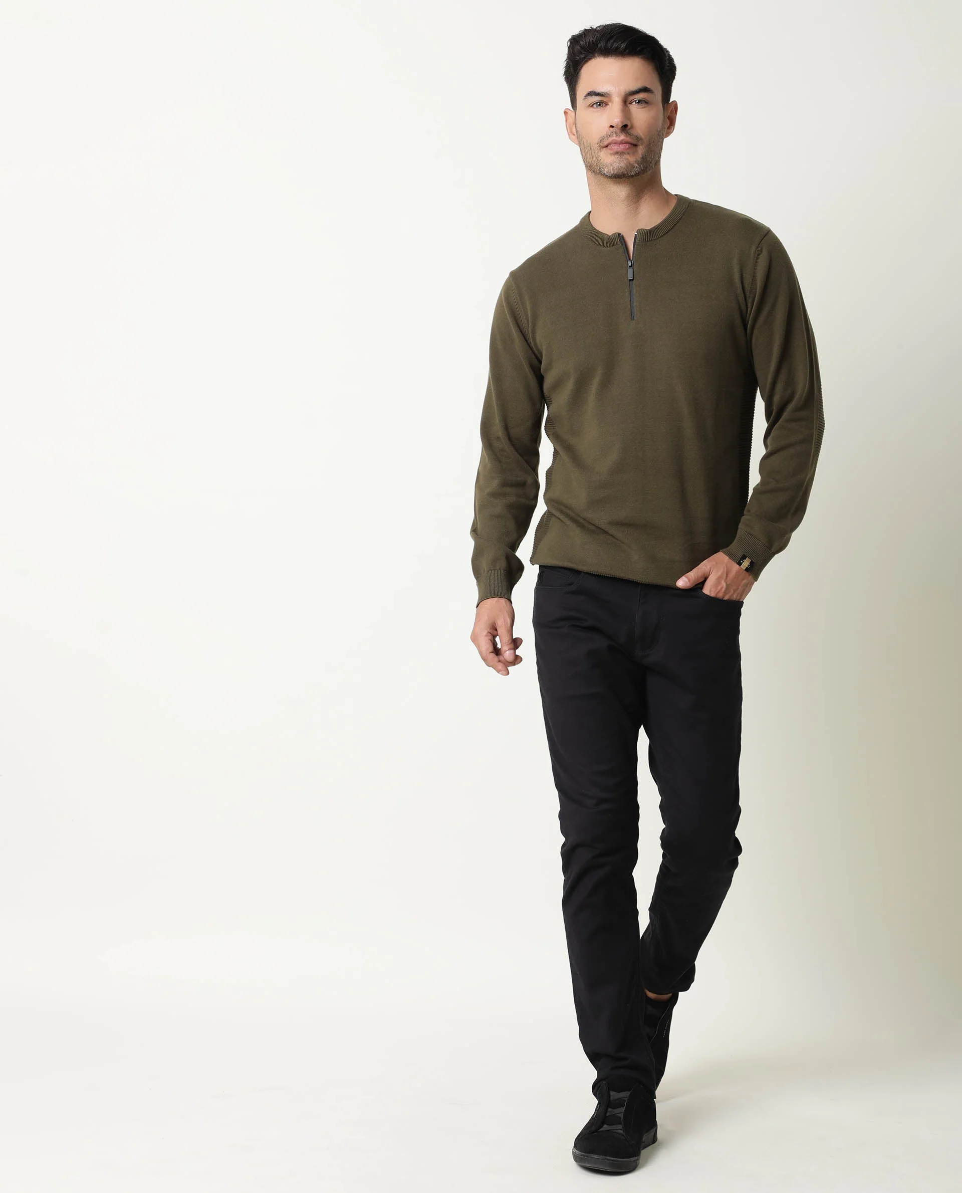 Rare Rabbit Men's Rumbled Olive Cotton Plain Relaxed Fit Full Sleeve Crew Neck Sweater - Image 3