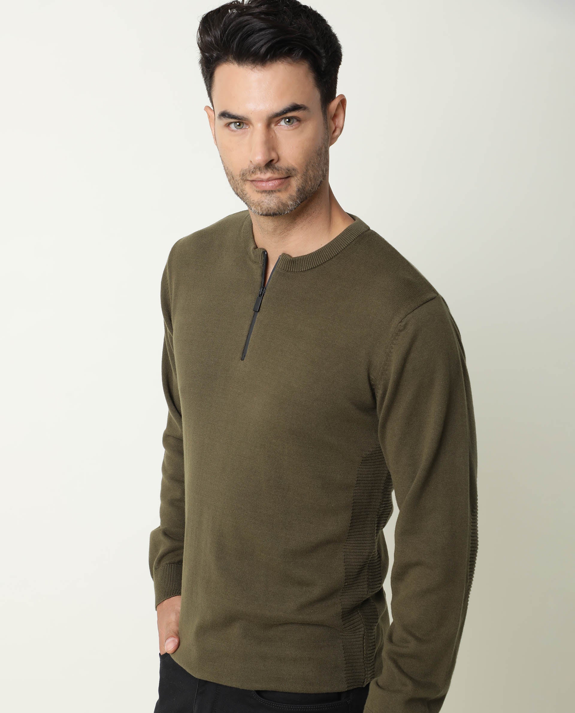 Rare Rabbit Men's Rumbled Olive Cotton Plain Relaxed Fit Full Sleeve Crew Neck Sweater - Image 4