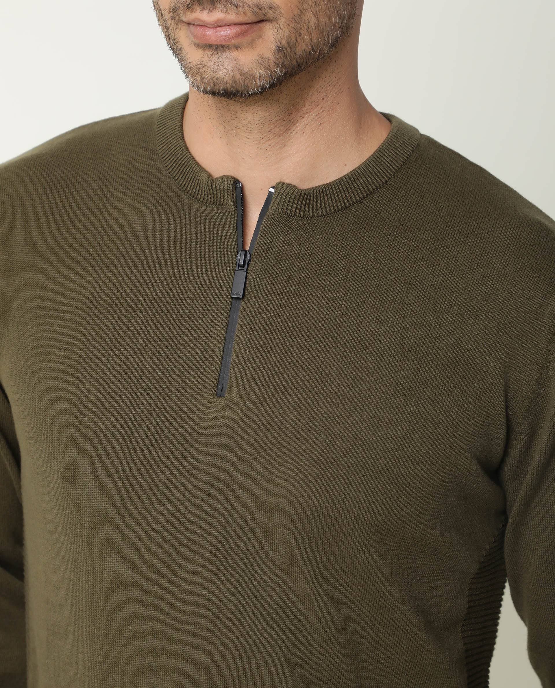 Rare Rabbit Men's Rumbled Olive Cotton Plain Relaxed Fit Full Sleeve Crew Neck Sweater - Image 5