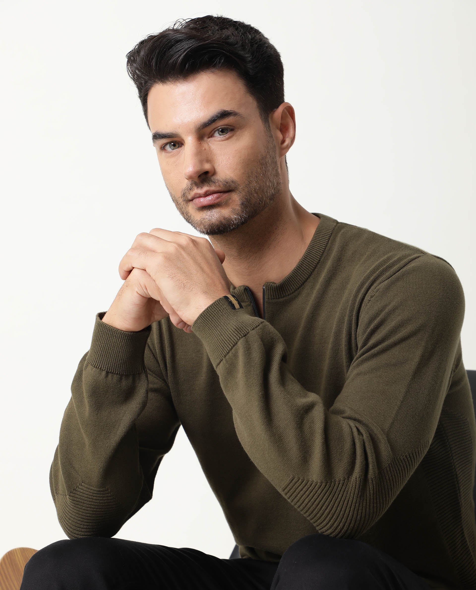 Rare Rabbit Men's Rumbled Olive Cotton Plain Relaxed Fit Full Sleeve Crew Neck Sweater - Image 6