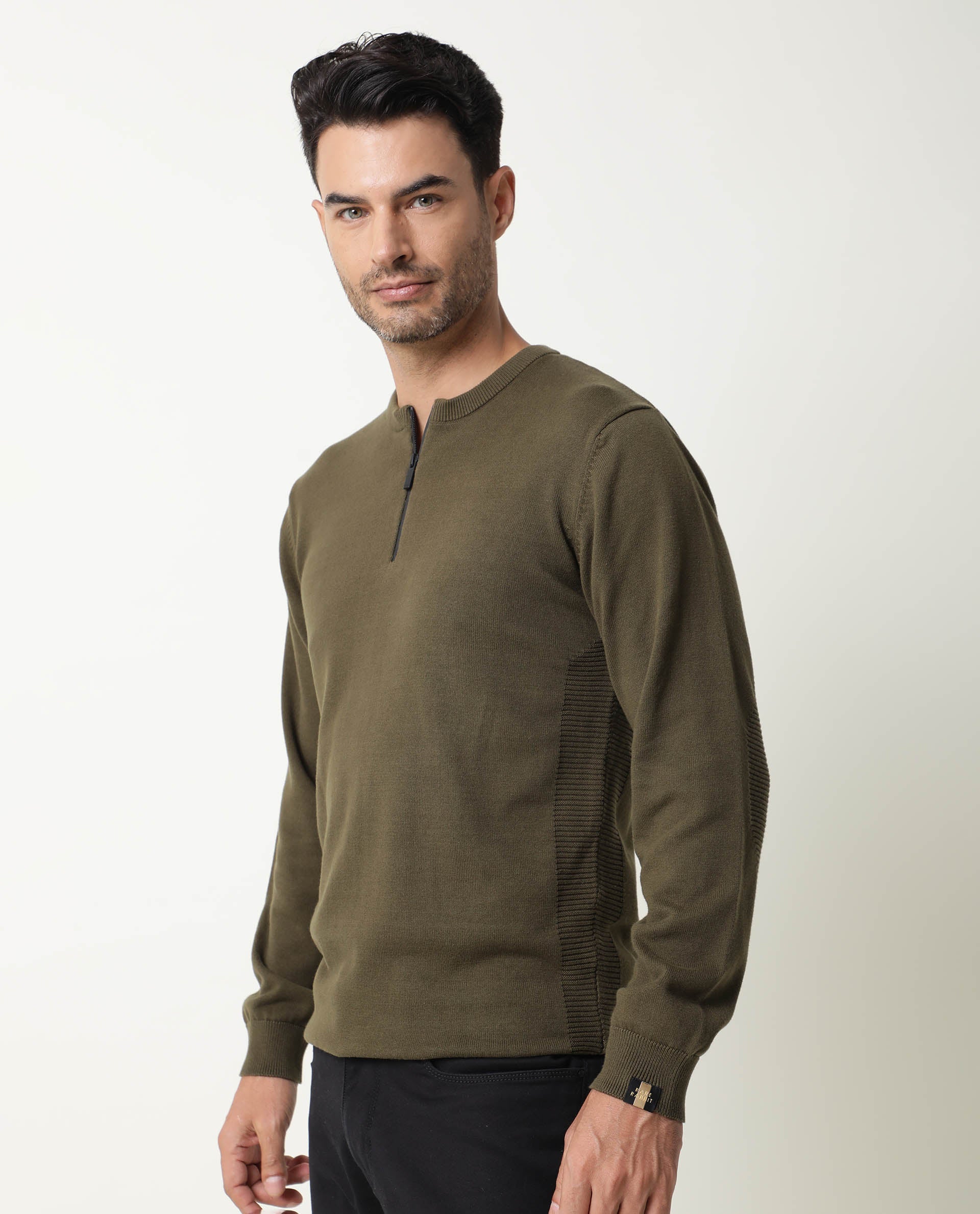 Rare Rabbit Men's Rumbled Olive Cotton Plain Relaxed Fit Full Sleeve Crew Neck Sweater - Image 7