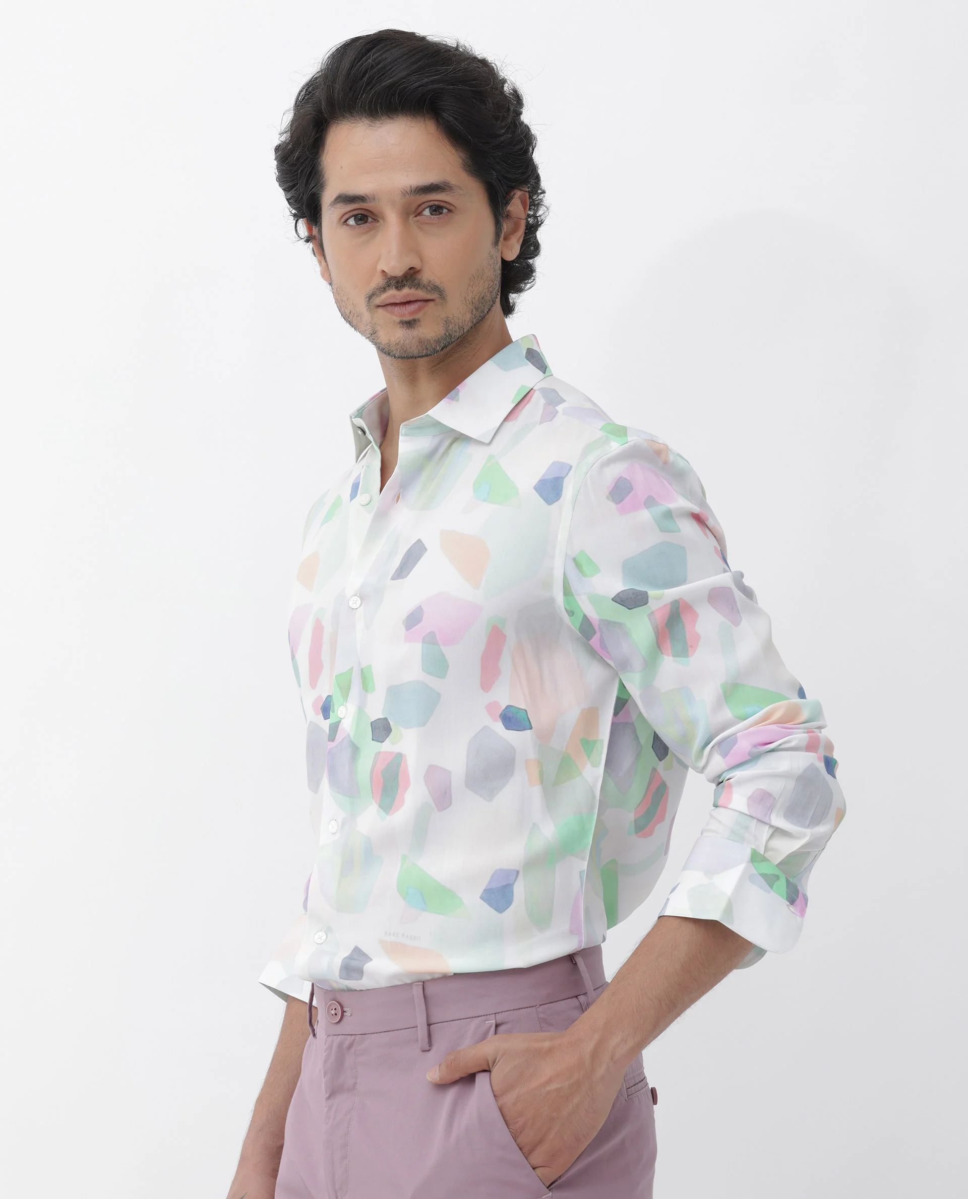 Rare Rabbit Men's Rumelo Off White Viscose Blend Abstract Print Regular Fit Full Sleeve Collared Shirt - Image 3