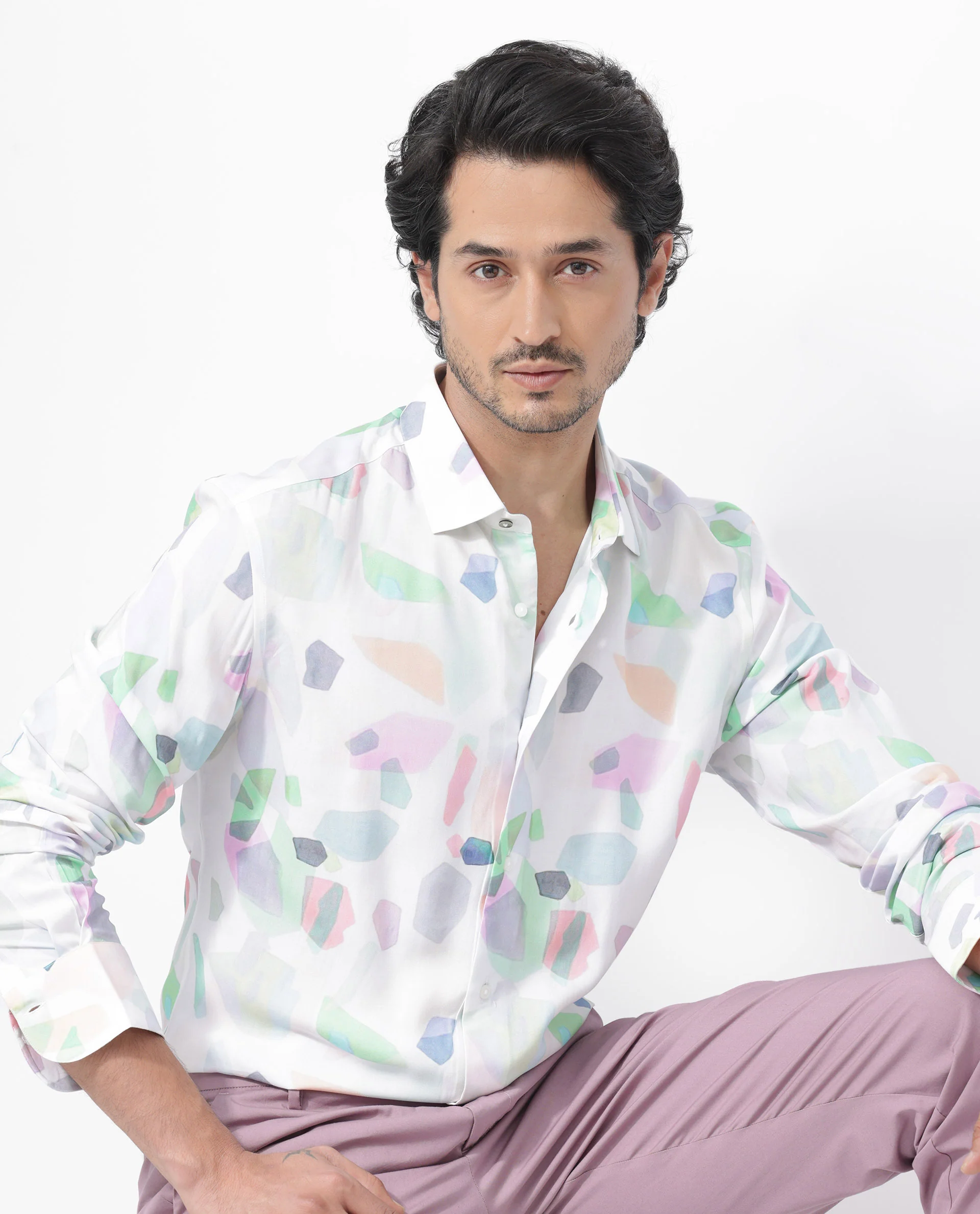 Rare Rabbit Men's Rumelo Off White Viscose Blend Abstract Print Regular Fit Full Sleeve Collared Shirt - Image 4
