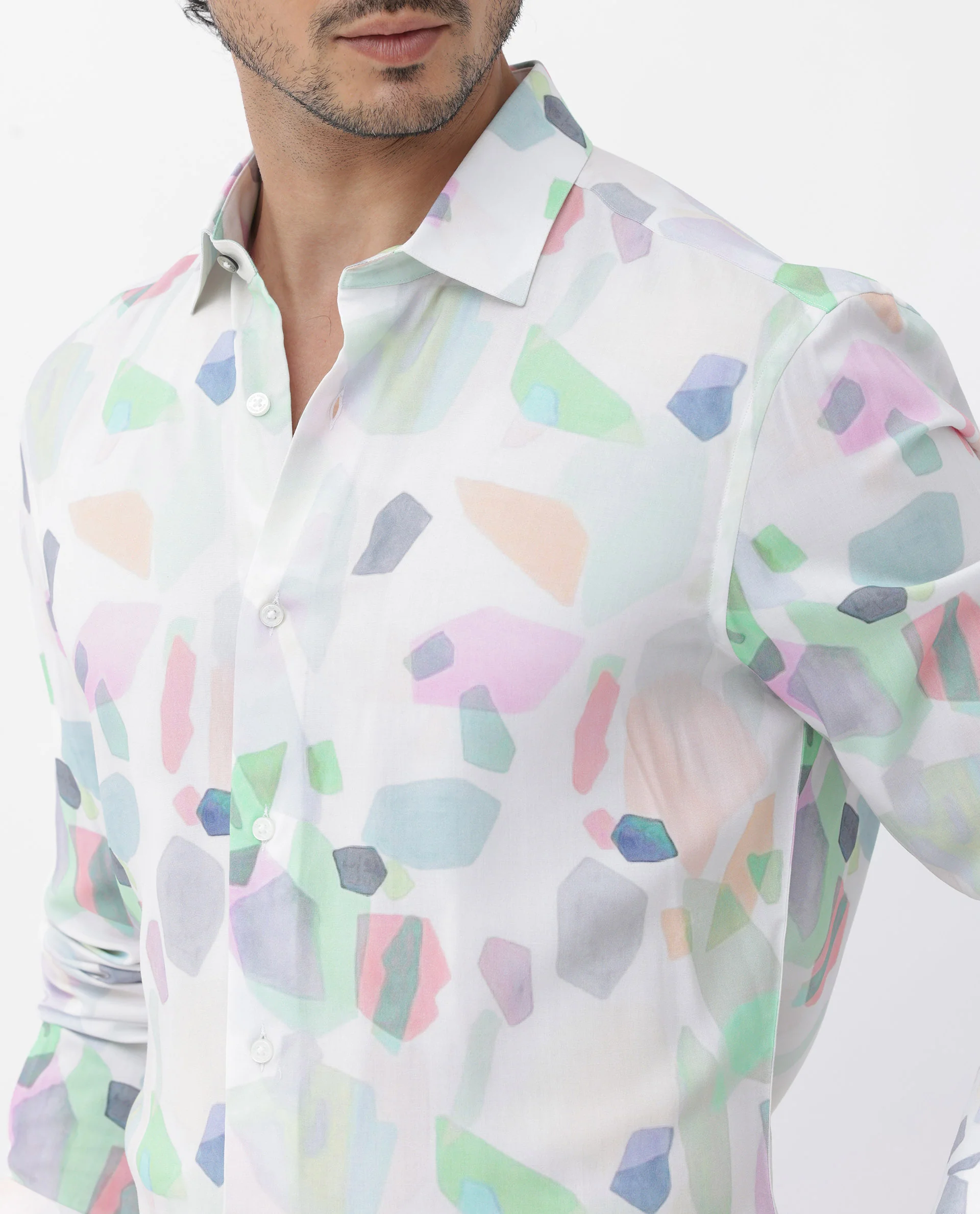 Rare Rabbit Men's Rumelo Off White Viscose Blend Abstract Print Regular Fit Full Sleeve Collared Shirt - Image 5