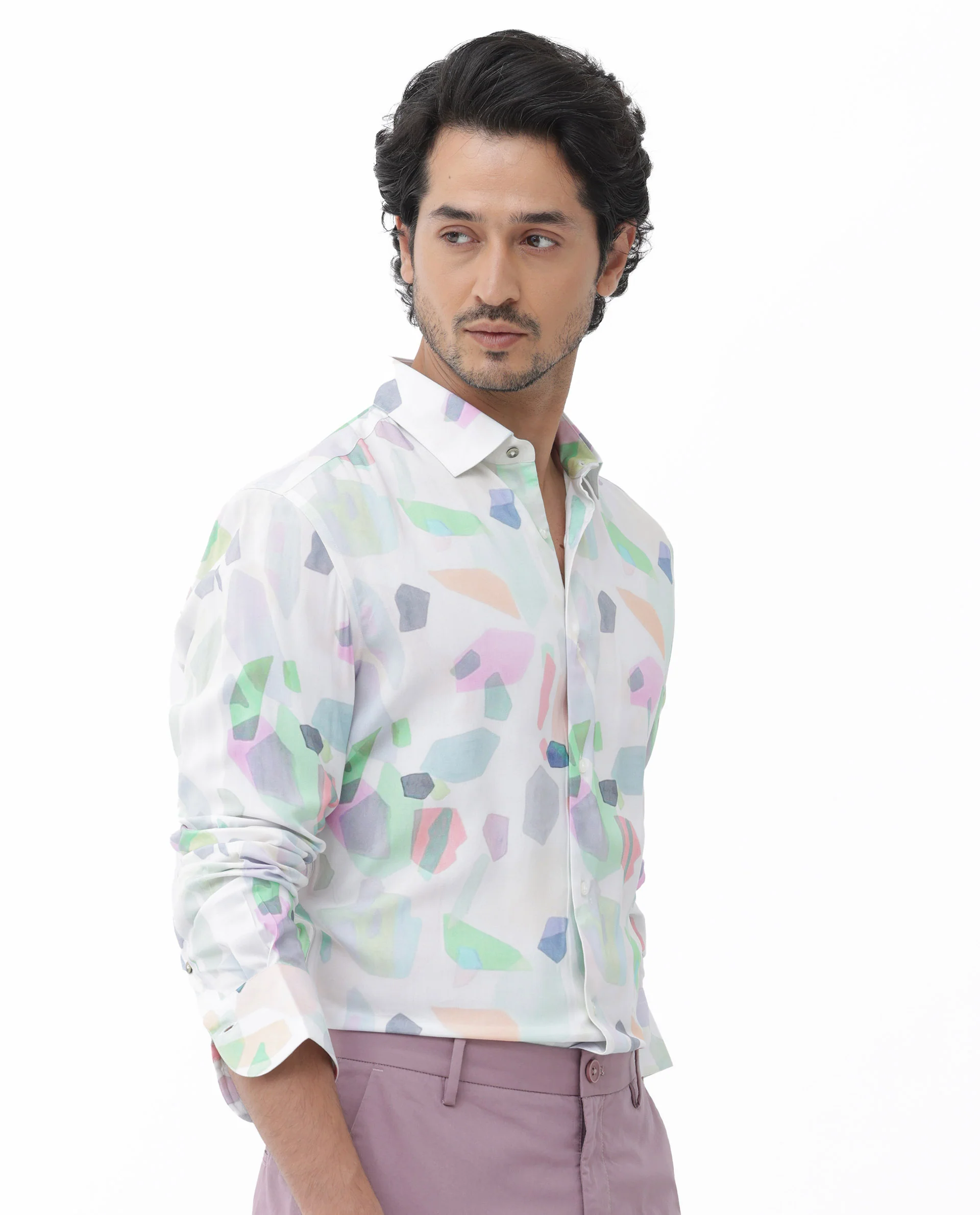 Rare Rabbit Men's Rumelo Off White Viscose Blend Abstract Print Regular Fit Full Sleeve Collared Shirt - Image 7