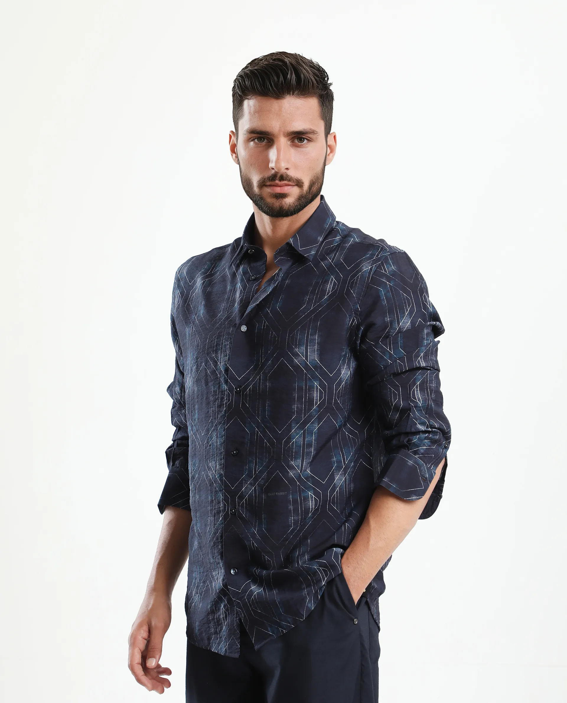 Rare Rabbit Men's Rumi Dark Navy Viscose Blend Geometric Print Regular Fit Full Sleeve Collared Shirt - Image 2