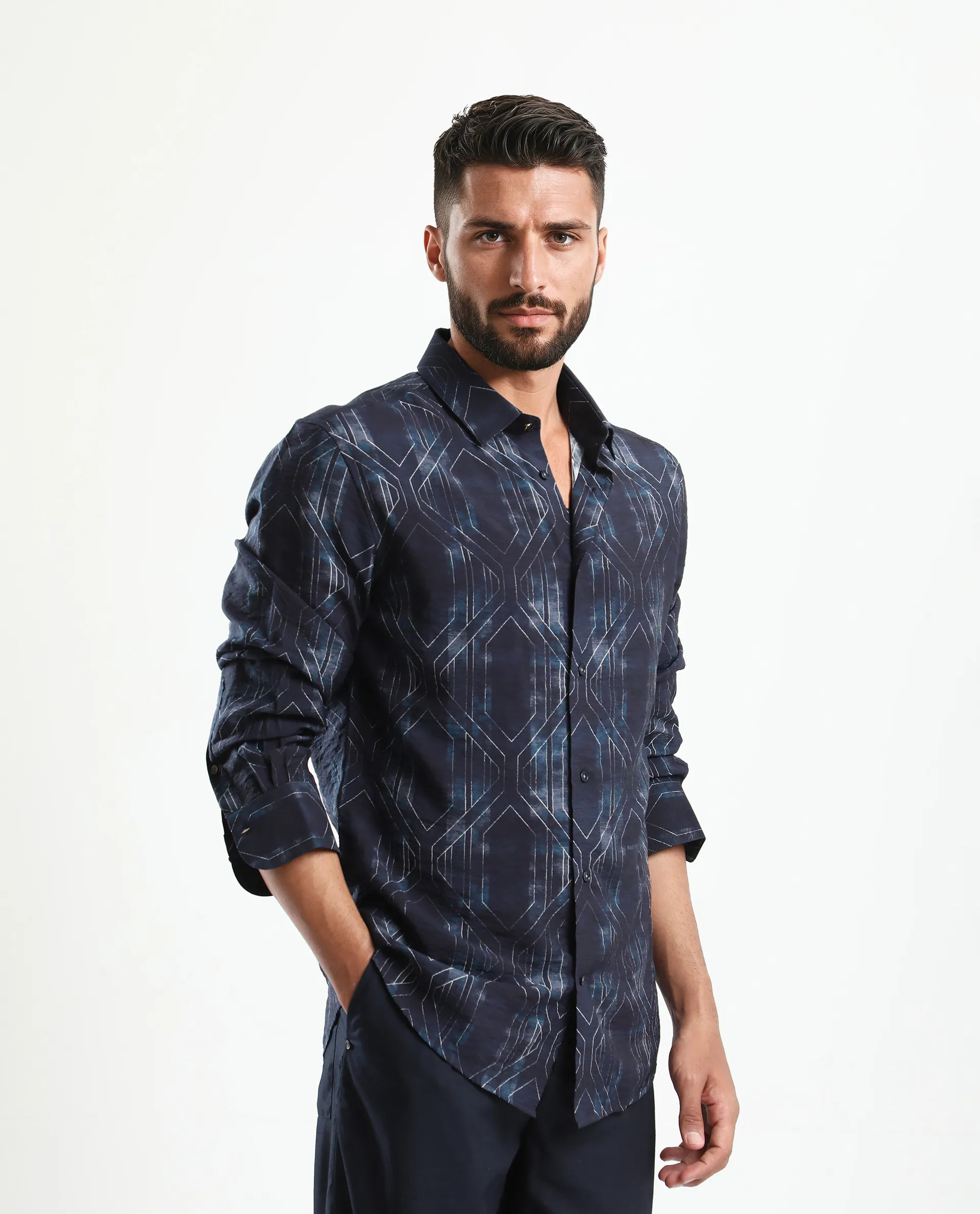 Rare Rabbit Men's Rumi Dark Navy Viscose Blend Geometric Print Regular Fit Full Sleeve Collared Shirt - Image 3