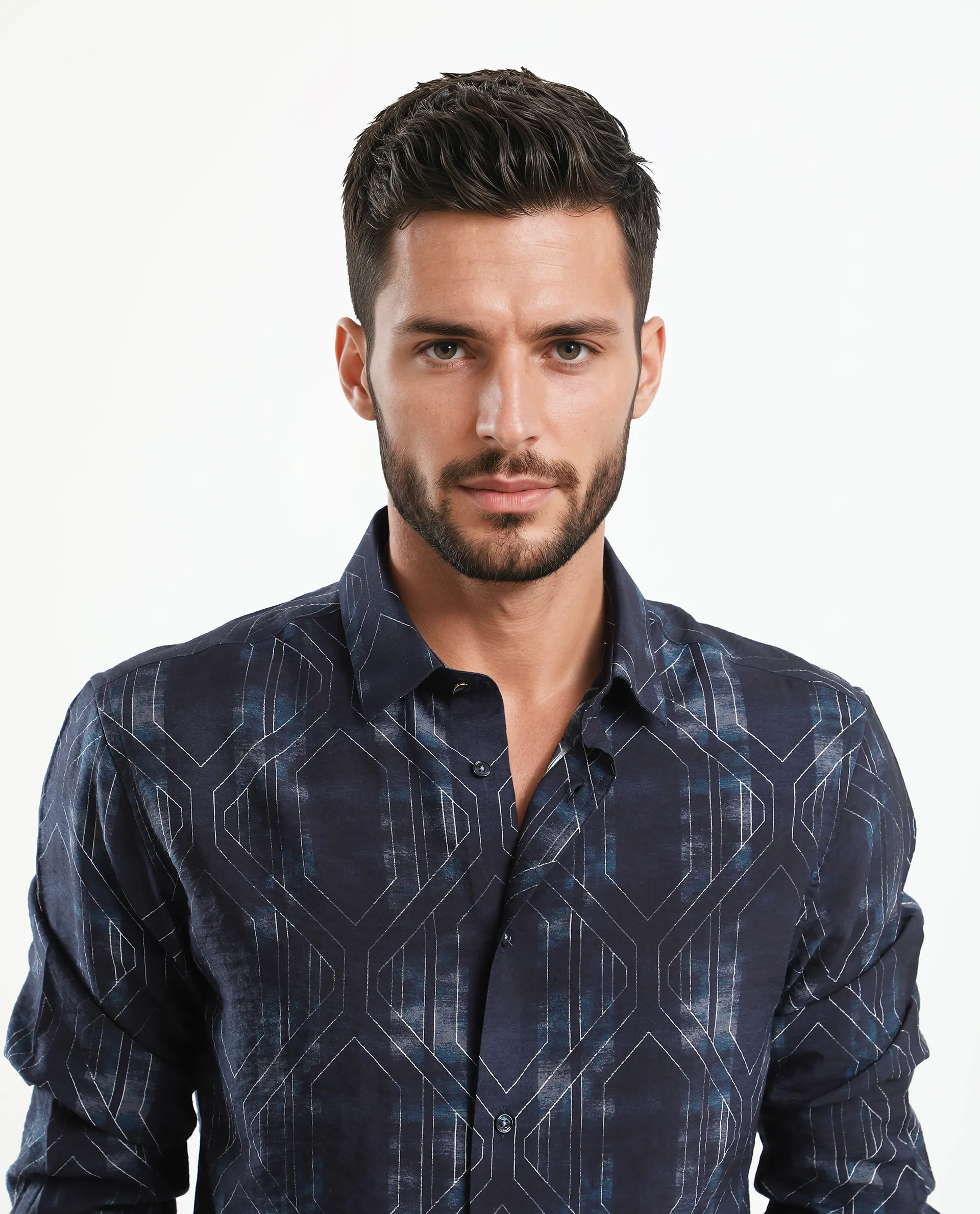 Rare Rabbit Men's Rumi Dark Navy Viscose Blend Geometric Print Regular Fit Full Sleeve Collared Shirt - Image 4