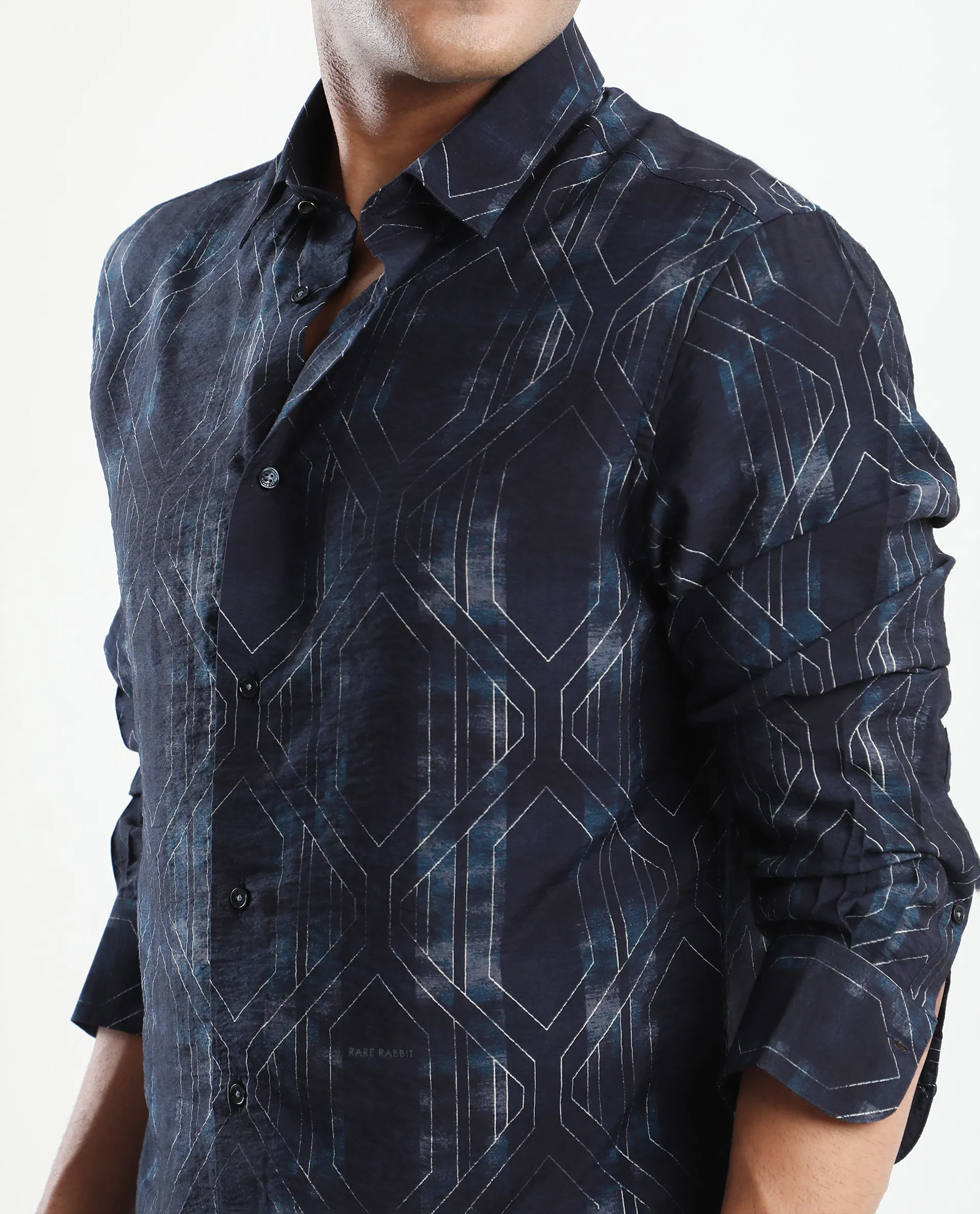 Rare Rabbit Men's Rumi Dark Navy Viscose Blend Geometric Print Regular Fit Full Sleeve Collared Shirt - Image 5