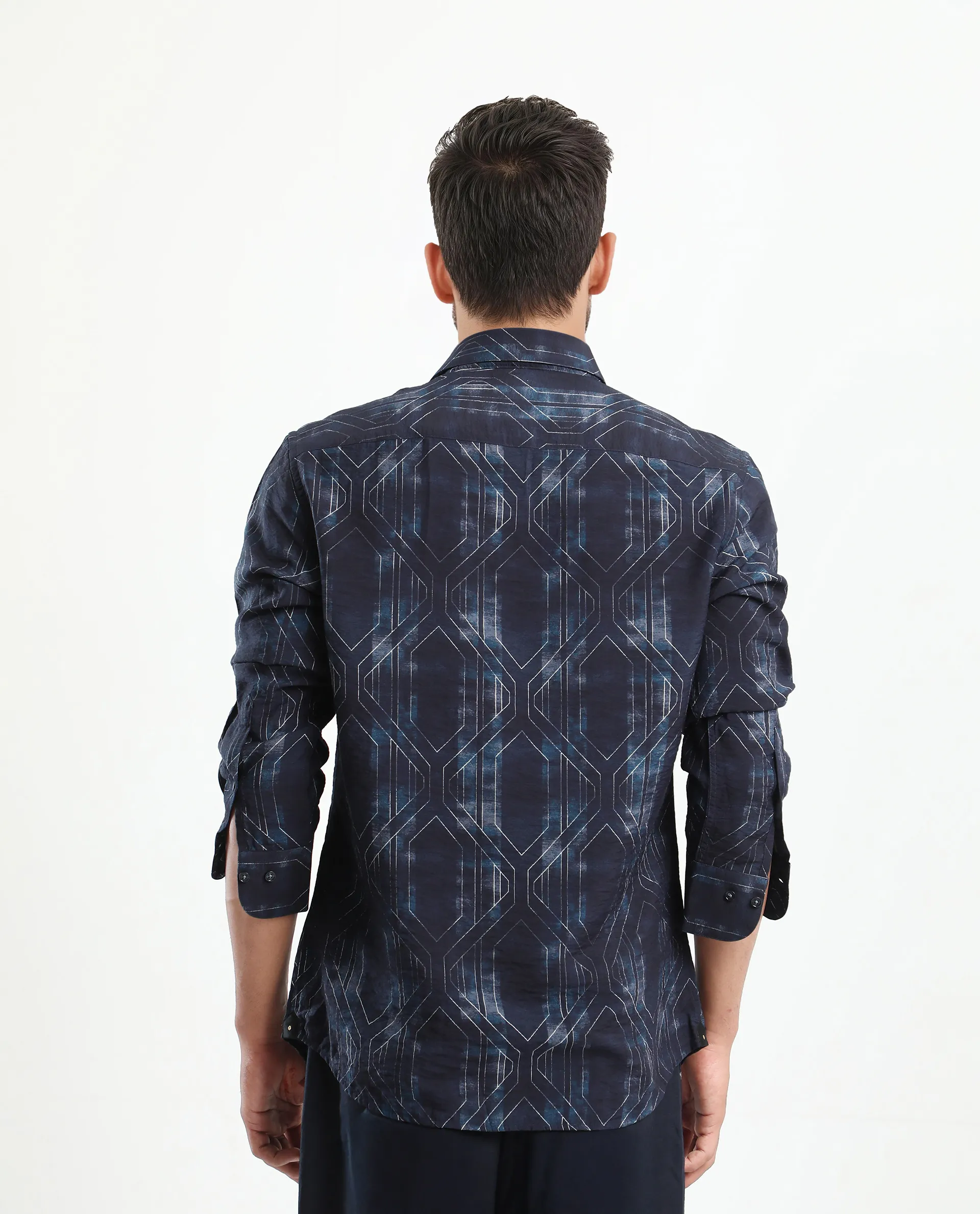 Rare Rabbit Men's Rumi Dark Navy Viscose Blend Geometric Print Regular Fit Full Sleeve Collared Shirt - Image 6