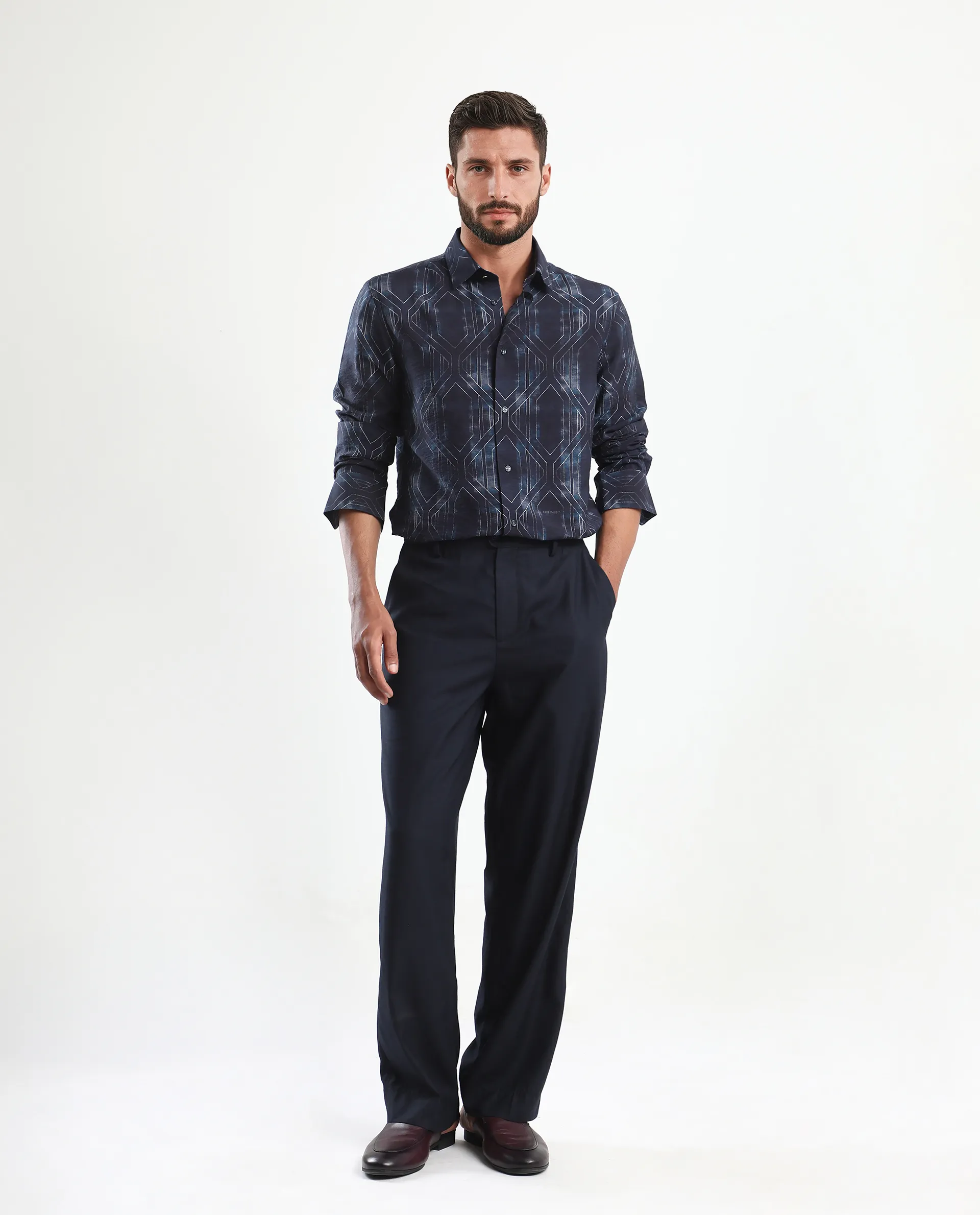 Rare Rabbit Men's Rumi Dark Navy Viscose Blend Geometric Print Regular Fit Full Sleeve Collared Shirt - Image 7